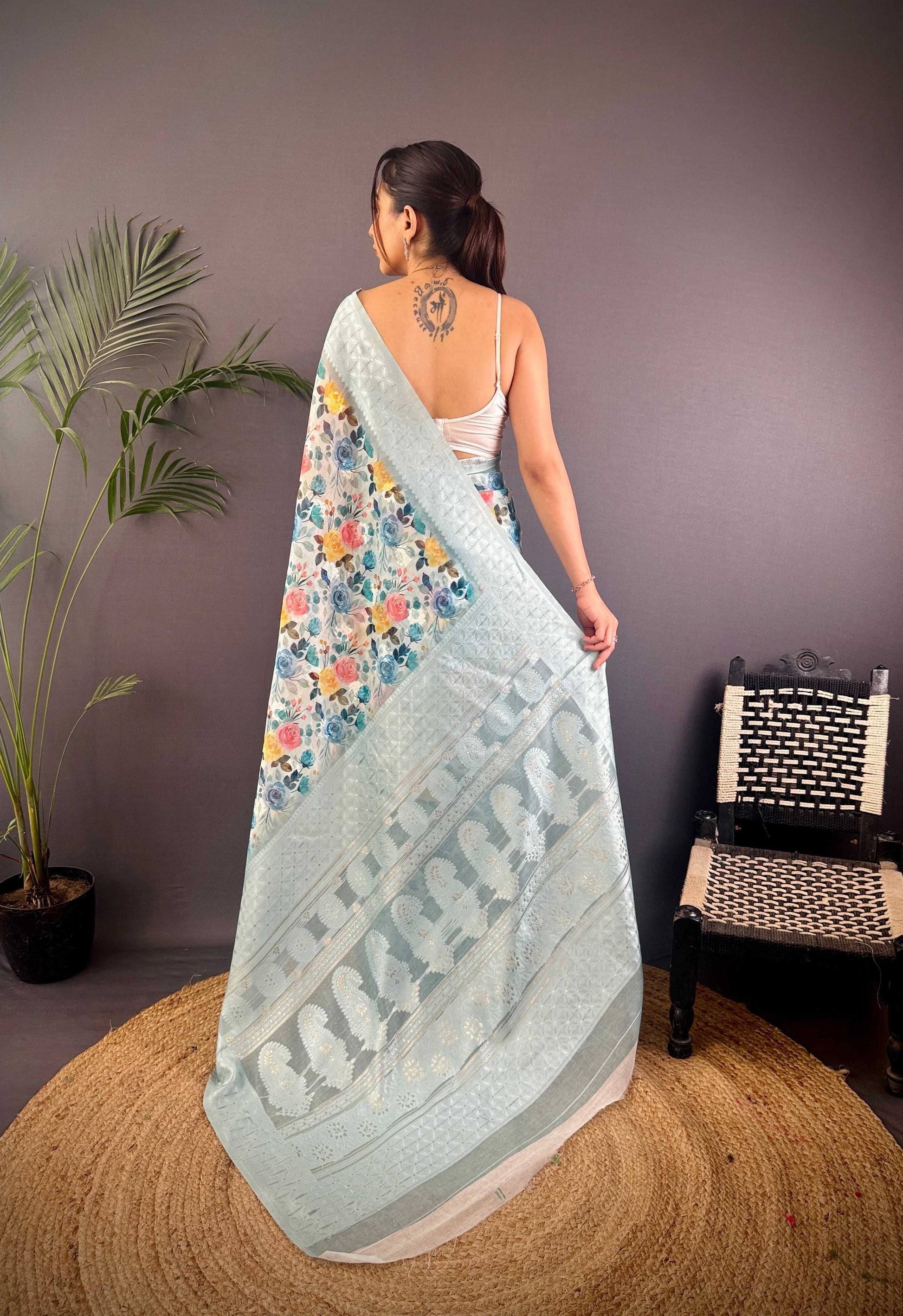 Sonakshi Women's Sky Blend Silk Jacquard Woven Traditional Saree with Blouse