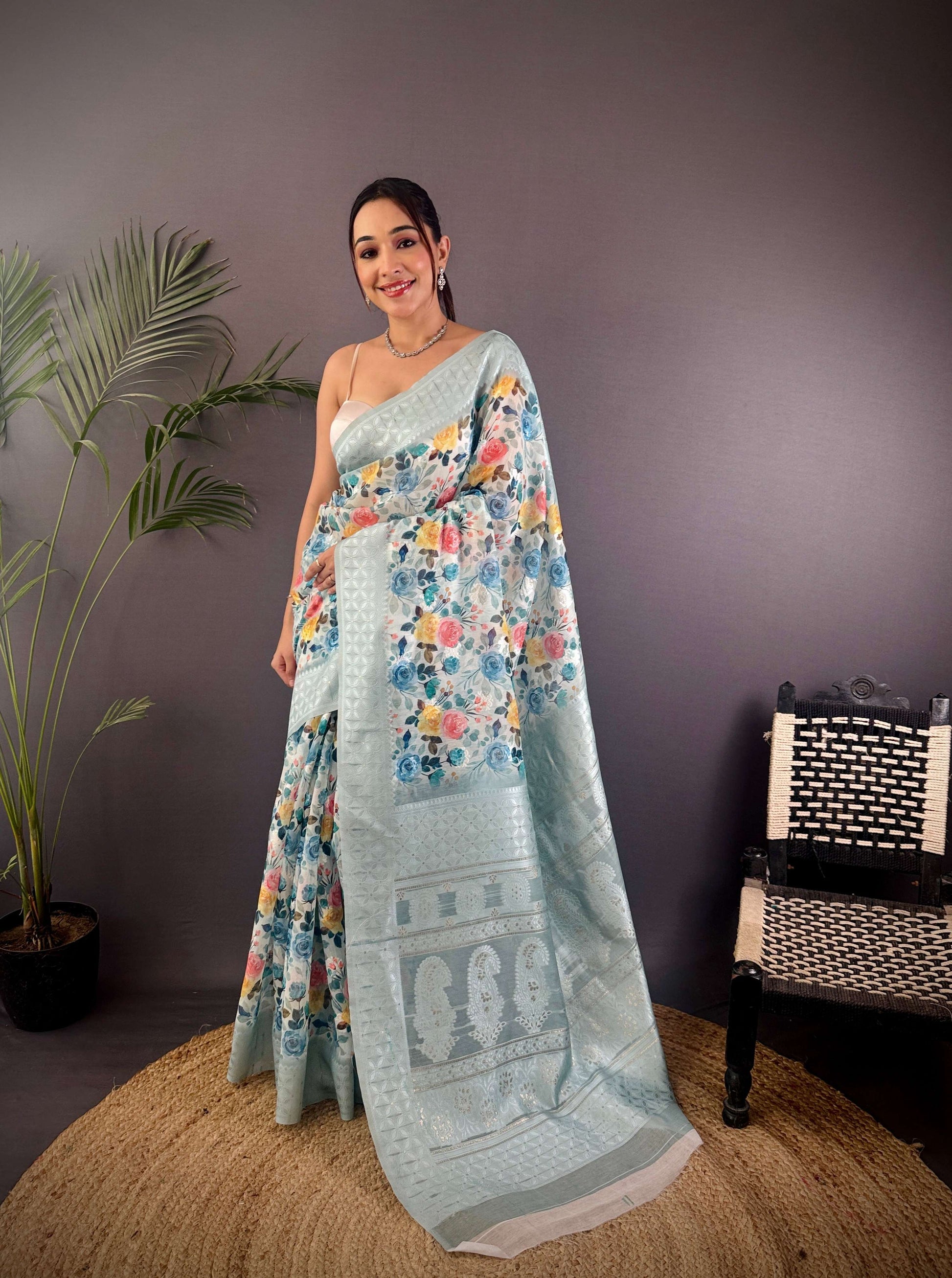 Sonakshi Women's Sky Blend Silk Jacquard Woven Traditional Saree with Blouse