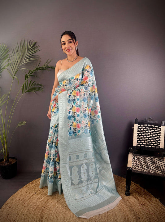 Sonakshi Women's Sky Blend Silk Jacquard Woven Traditional Saree with Blouse