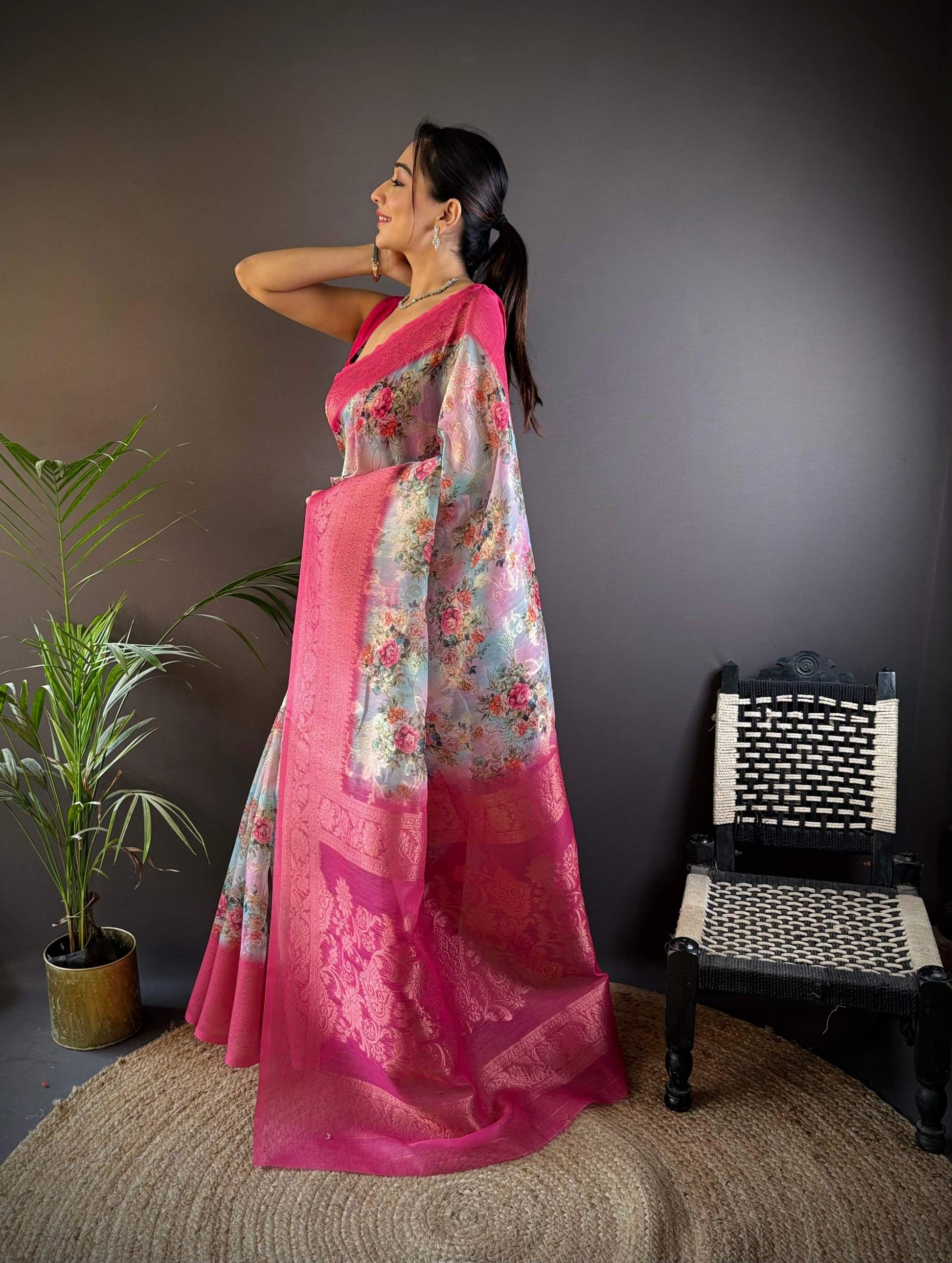 Sonakshi Women's Rani Blend Silk Jacquard Woven Traditional Saree with Blouse