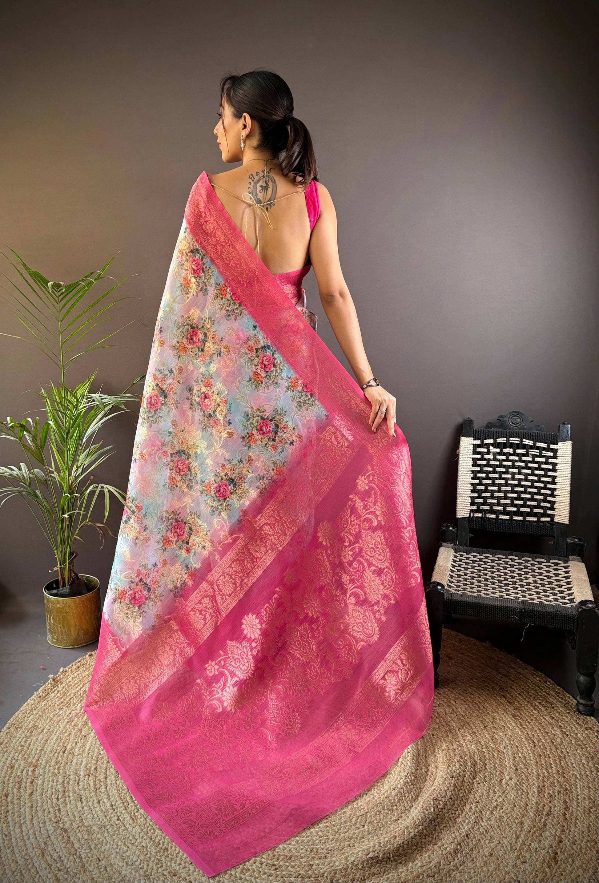 Sonakshi Women's Rani Blend Silk Jacquard Woven Traditional Saree with Blouse