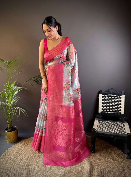Sonakshi Women's Rani Blend Silk Jacquard Woven Traditional Saree with Blouse