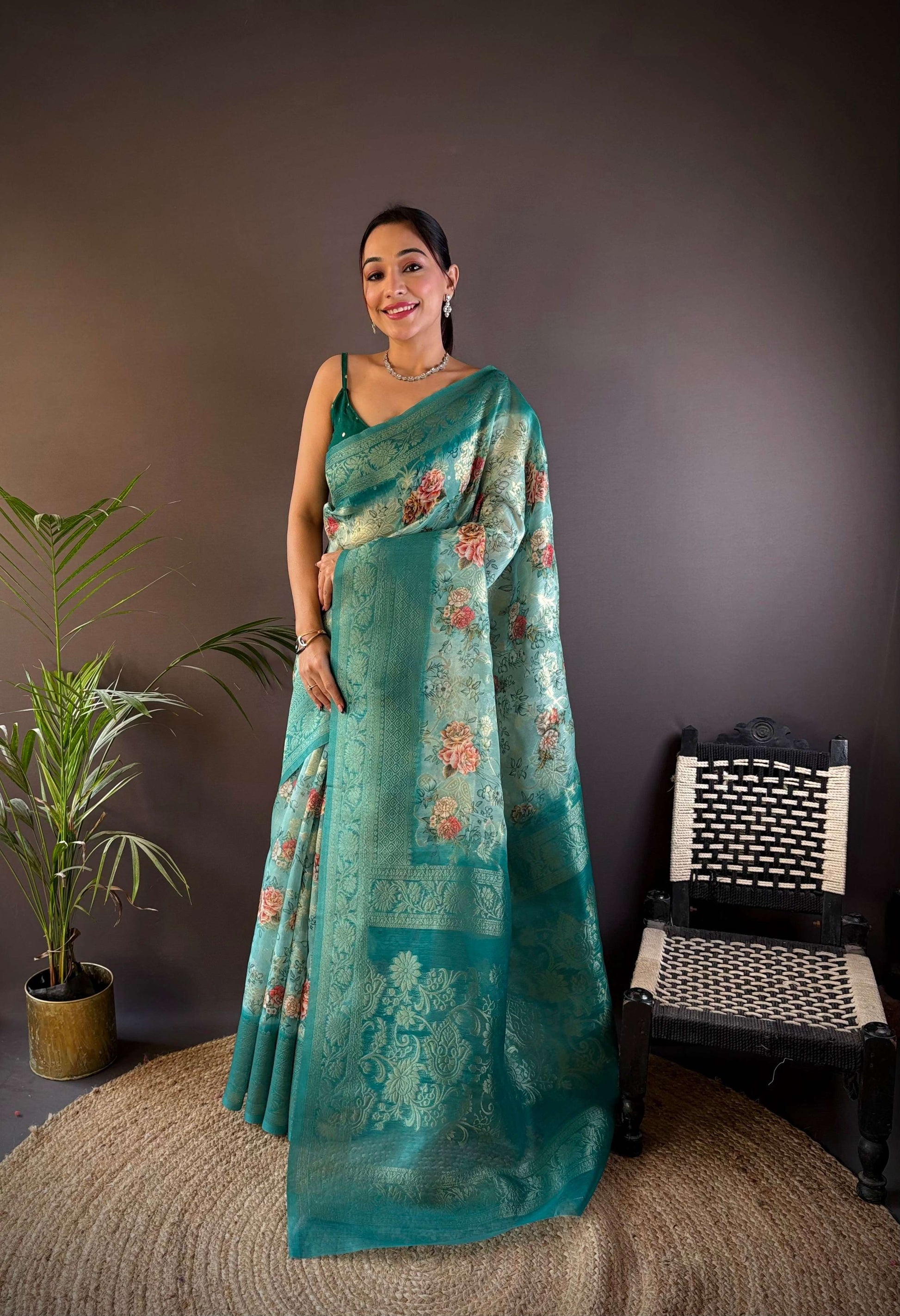 Sonakshi Women's Rama Blend Silk Jacquard Woven Traditional Saree with Blouse