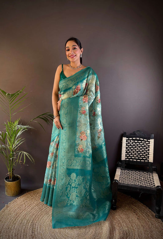 Sonakshi Women's Rama Blend Silk Jacquard Woven Traditional Saree with Blouse