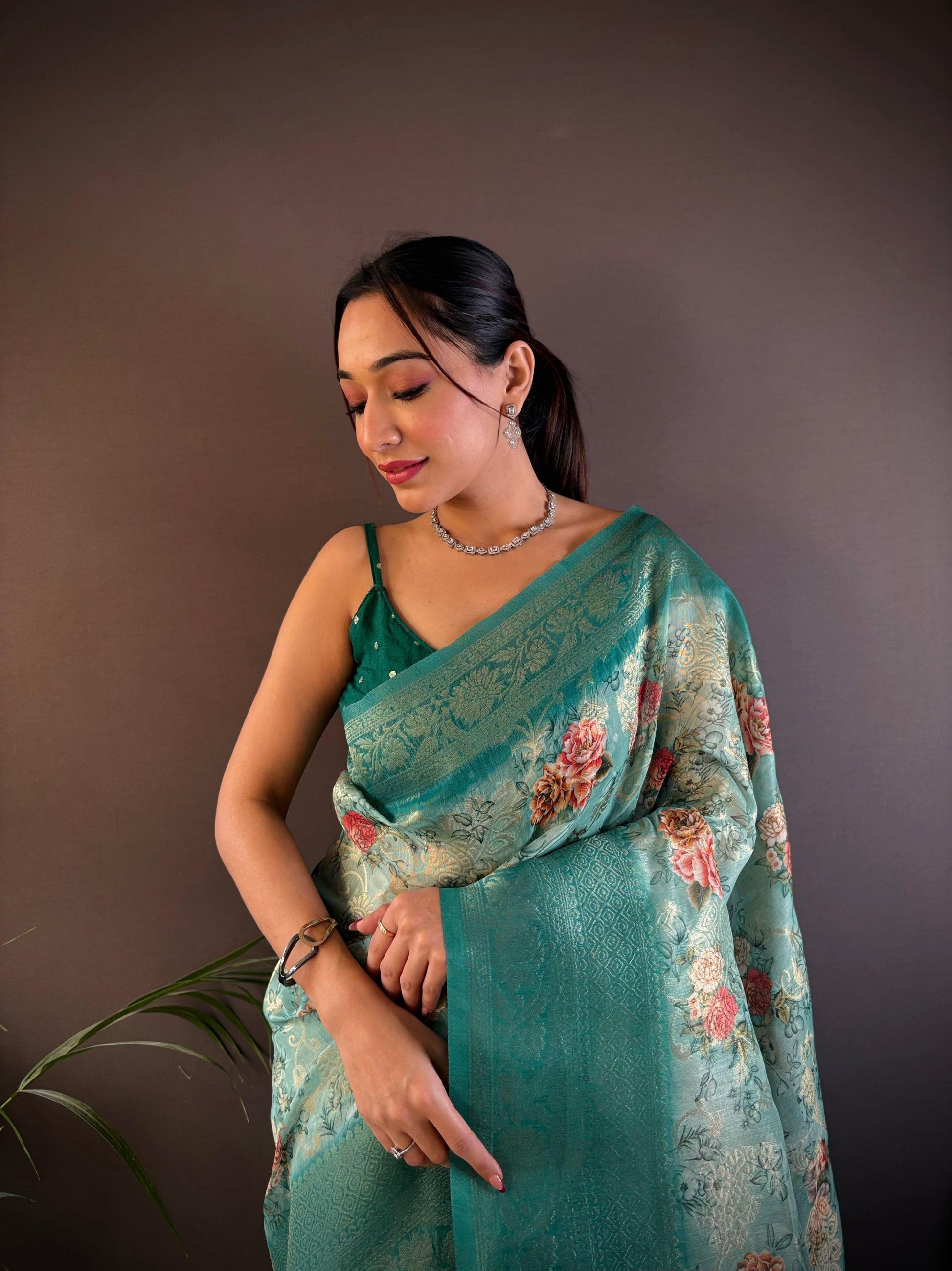 Sonakshi Women's Rama Blend Silk Jacquard Woven Traditional Saree with Blouse
