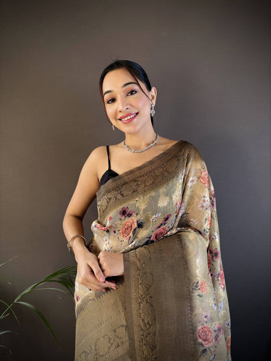 Sonakshi Women's Grey Blend Silk Jacquard Woven Traditional Saree with Blouse