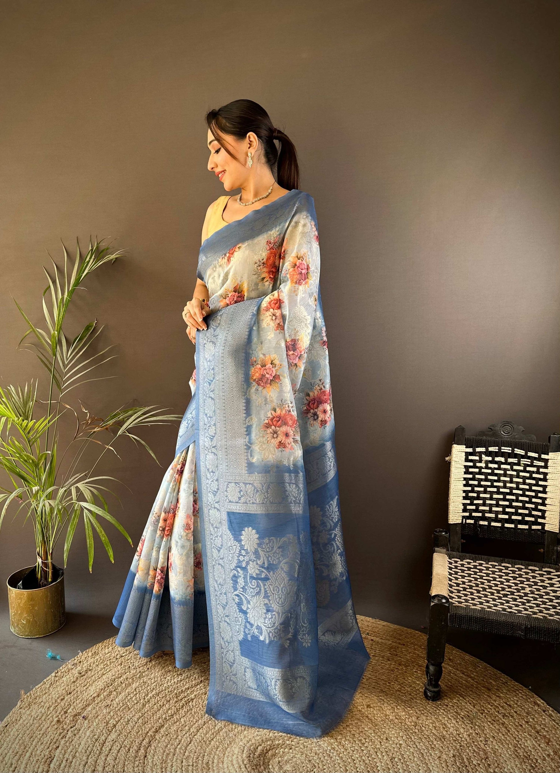 Sonakshi Women's Dark Sky Blend Silk Jacquard Woven Traditional Saree with Blouse
