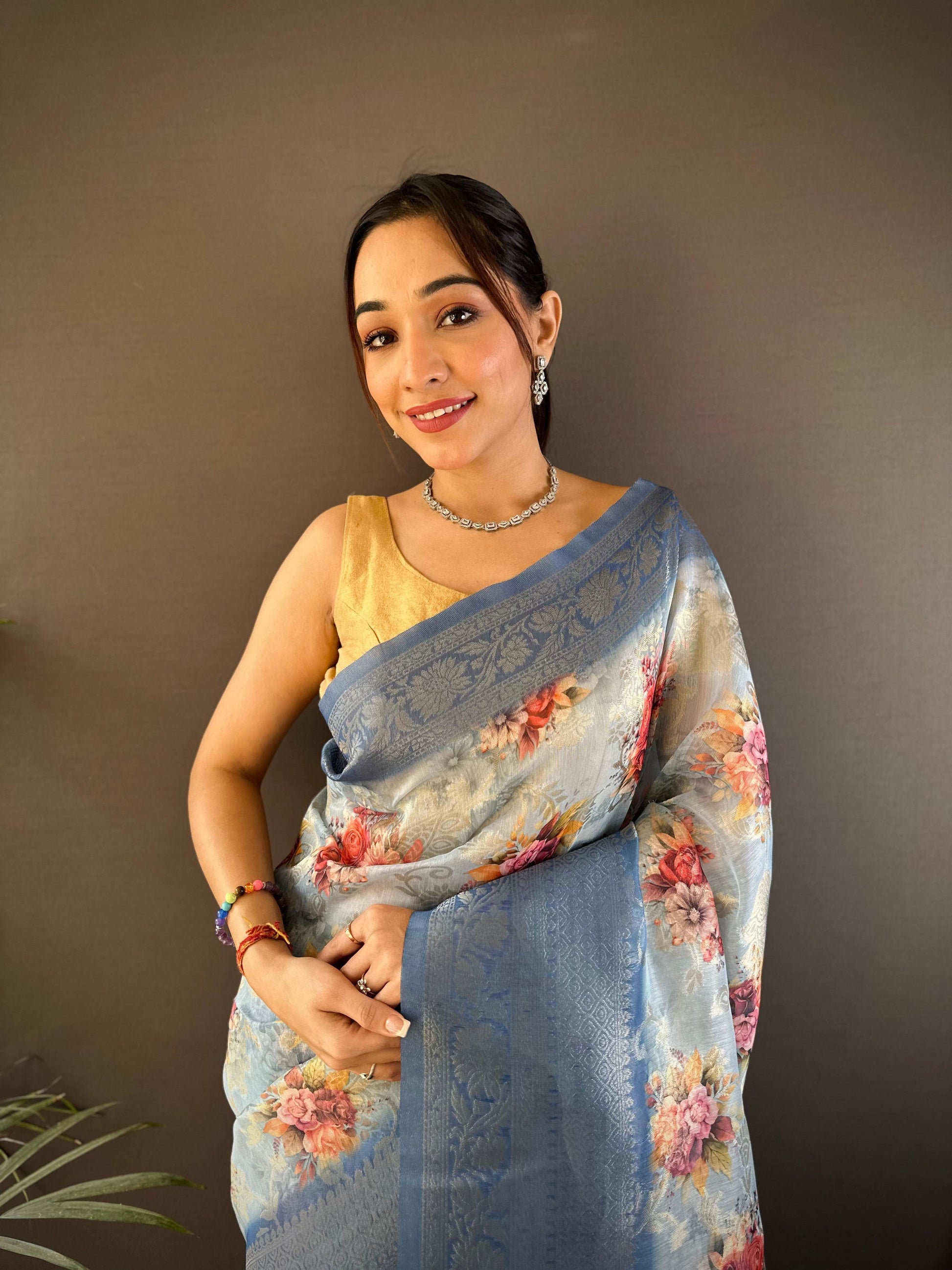 Sonakshi Women's Dark Sky Blend Silk Jacquard Woven Traditional Saree with Blouse