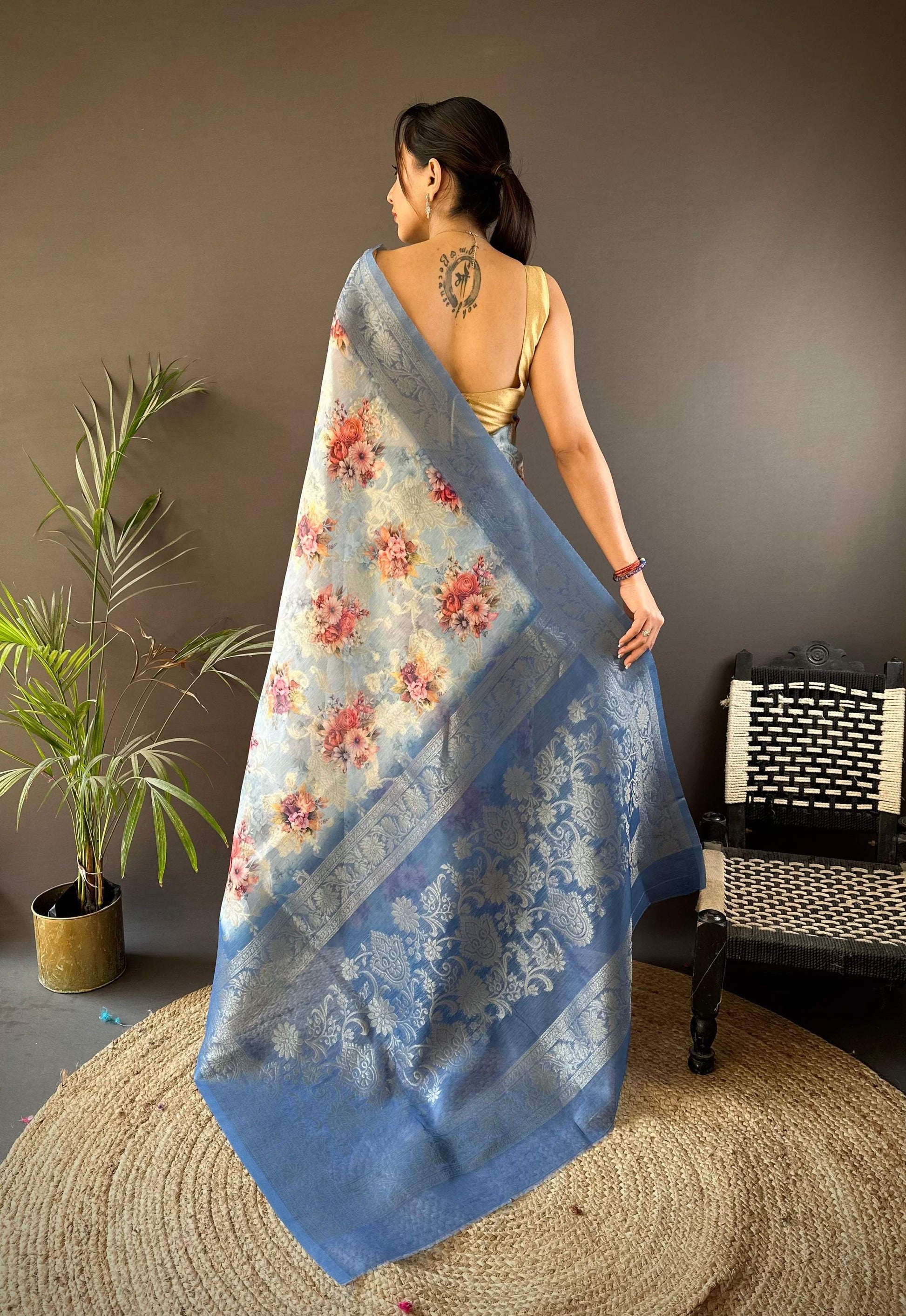 Sonakshi Women's Dark Sky Blend Silk Jacquard Woven Traditional Saree with Blouse