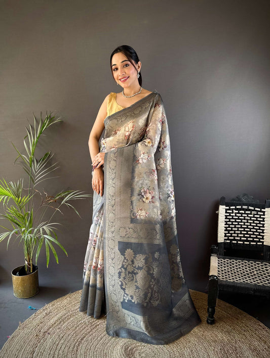 Sonakshi Women's Grey Blend Silk Jacquard Woven Traditional Saree with Blouse