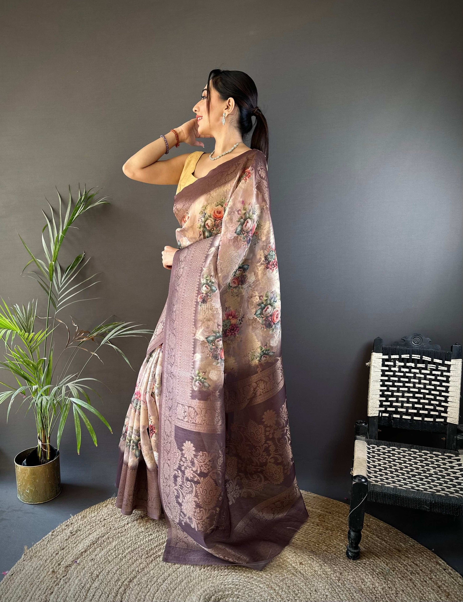 Sonakshi Women's Coffee Blend Silk Jacquard Woven Traditional Saree with Blouse