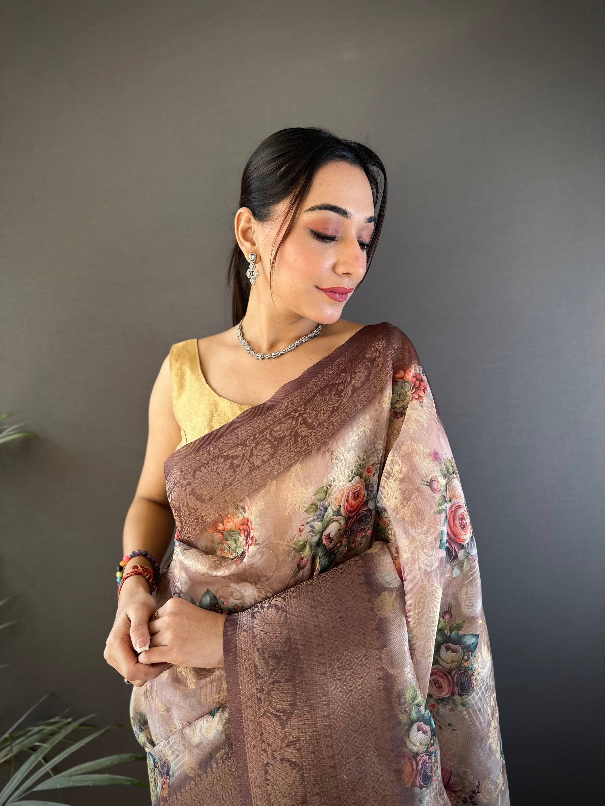 Sonakshi Women's Coffee Blend Silk Jacquard Woven Traditional Saree with Blouse