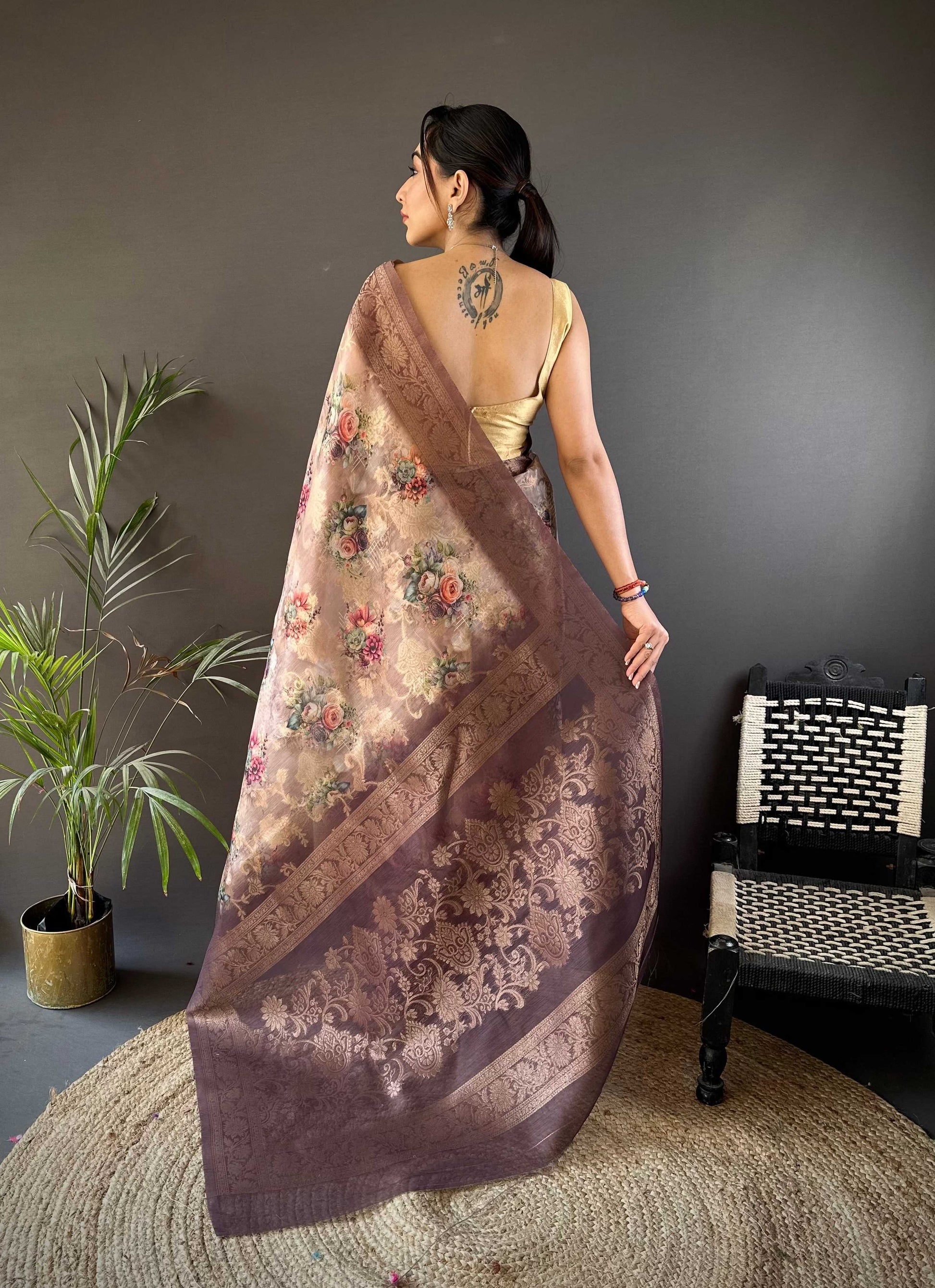 Sonakshi Women's Coffee Blend Silk Jacquard Woven Traditional Saree with Blouse