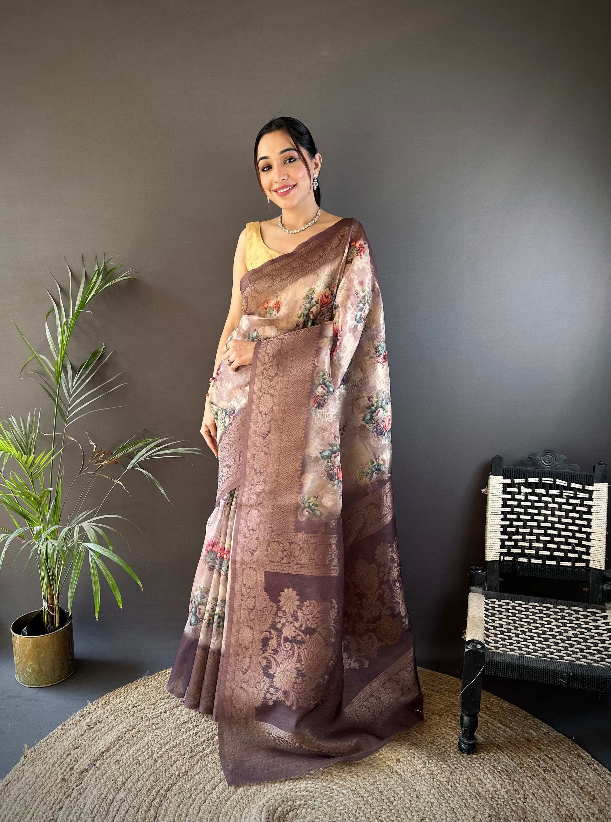 Sonakshi Women's Coffee Blend Silk Jacquard Woven Traditional Saree with Blouse