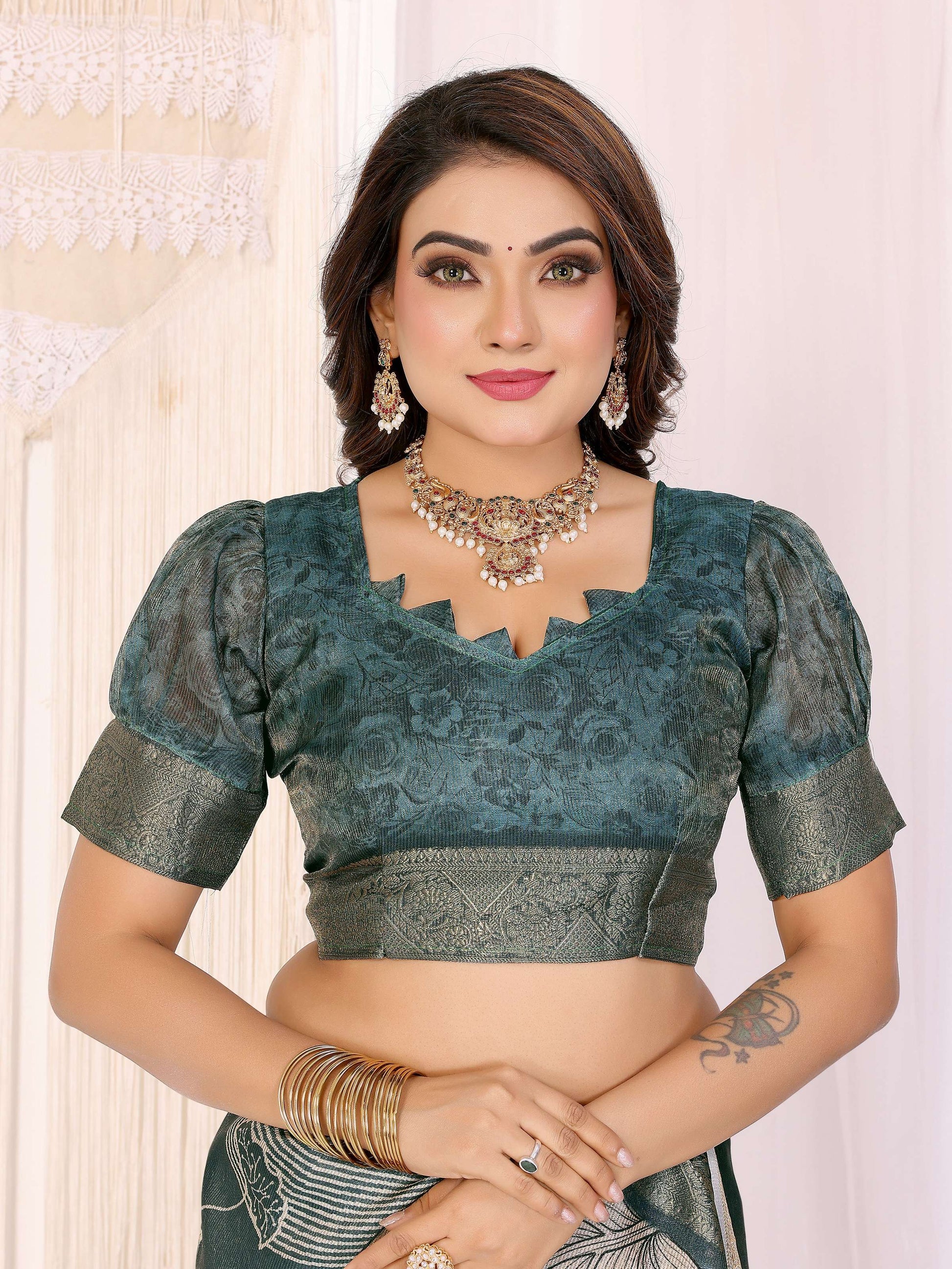 Sonakshi Women's Seagreen Mulberry Silk With Digital Prints Saree with Blouse