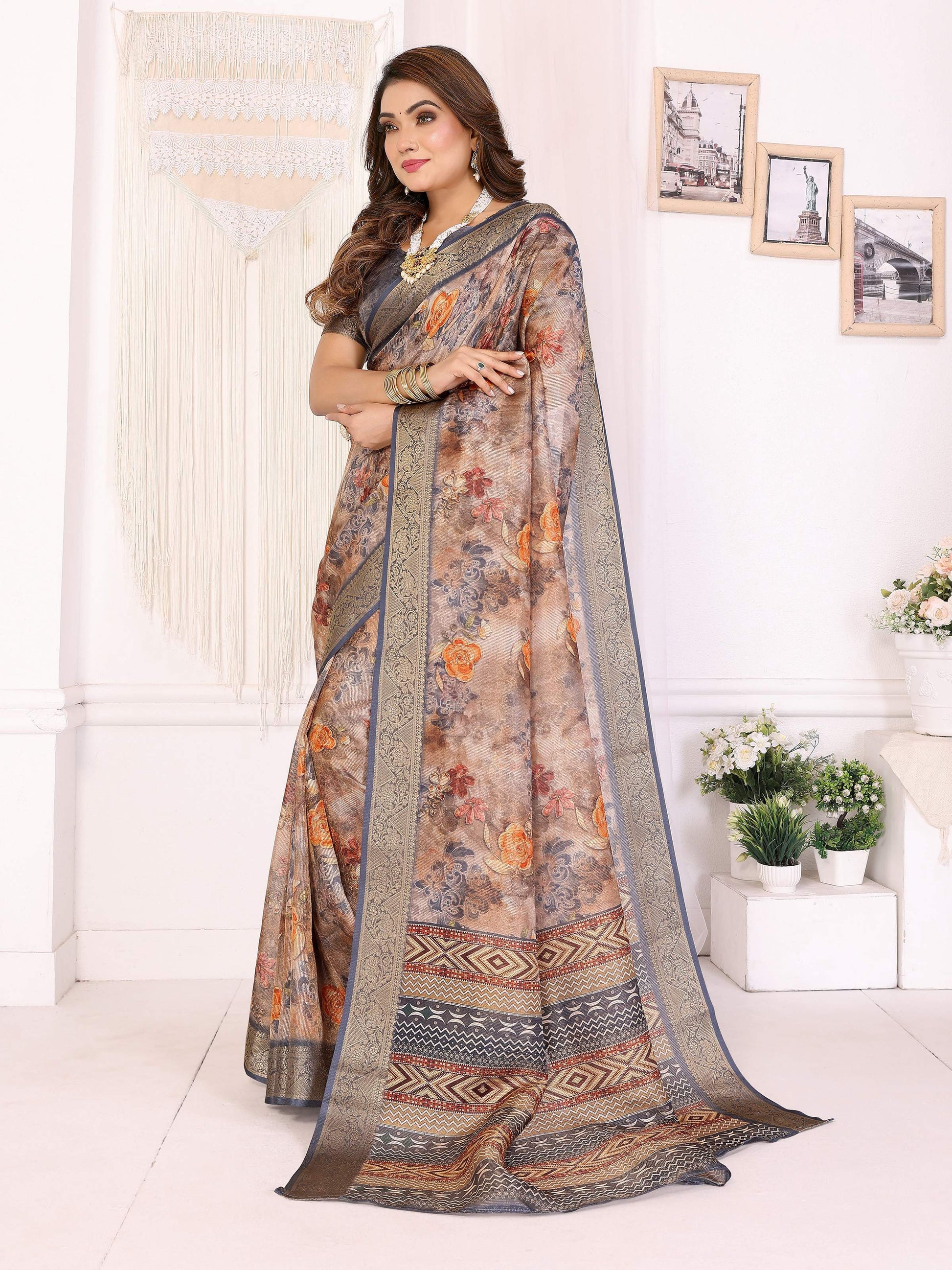 Sonakshi Women's Tamba Mulberry Silk With Digital Prints Saree with Blouse