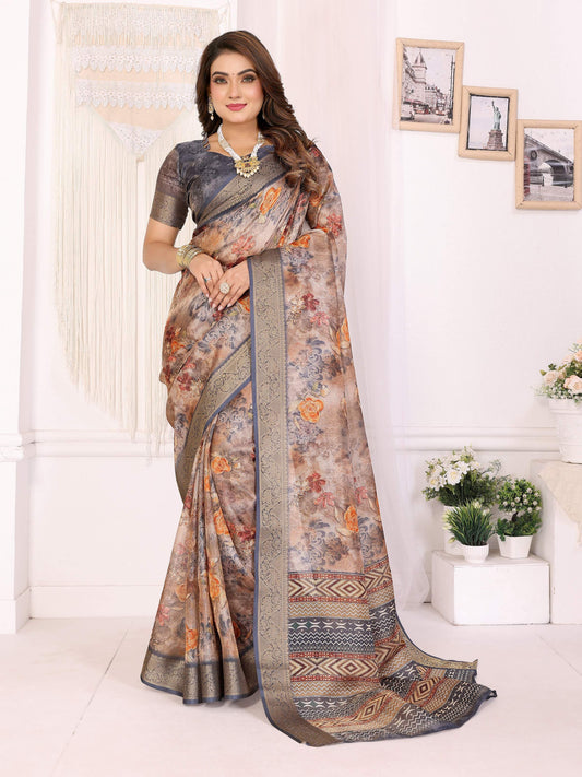 Sonakshi Women's Tamba Mulberry Silk With Digital Prints Saree with Blouse