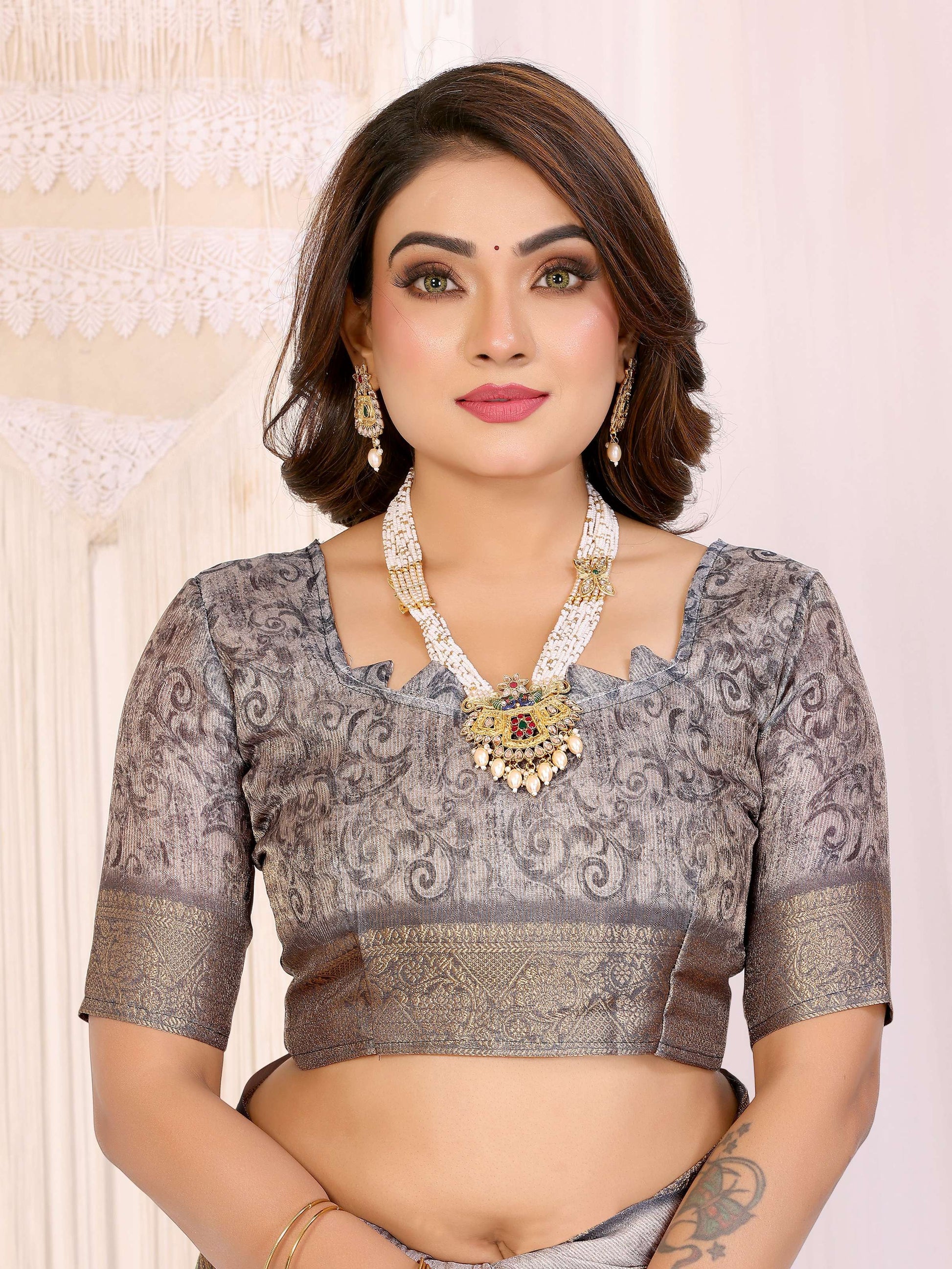 Sonakshi Women's Silver Mulberry Silk With Digital Prints Saree with Blouse