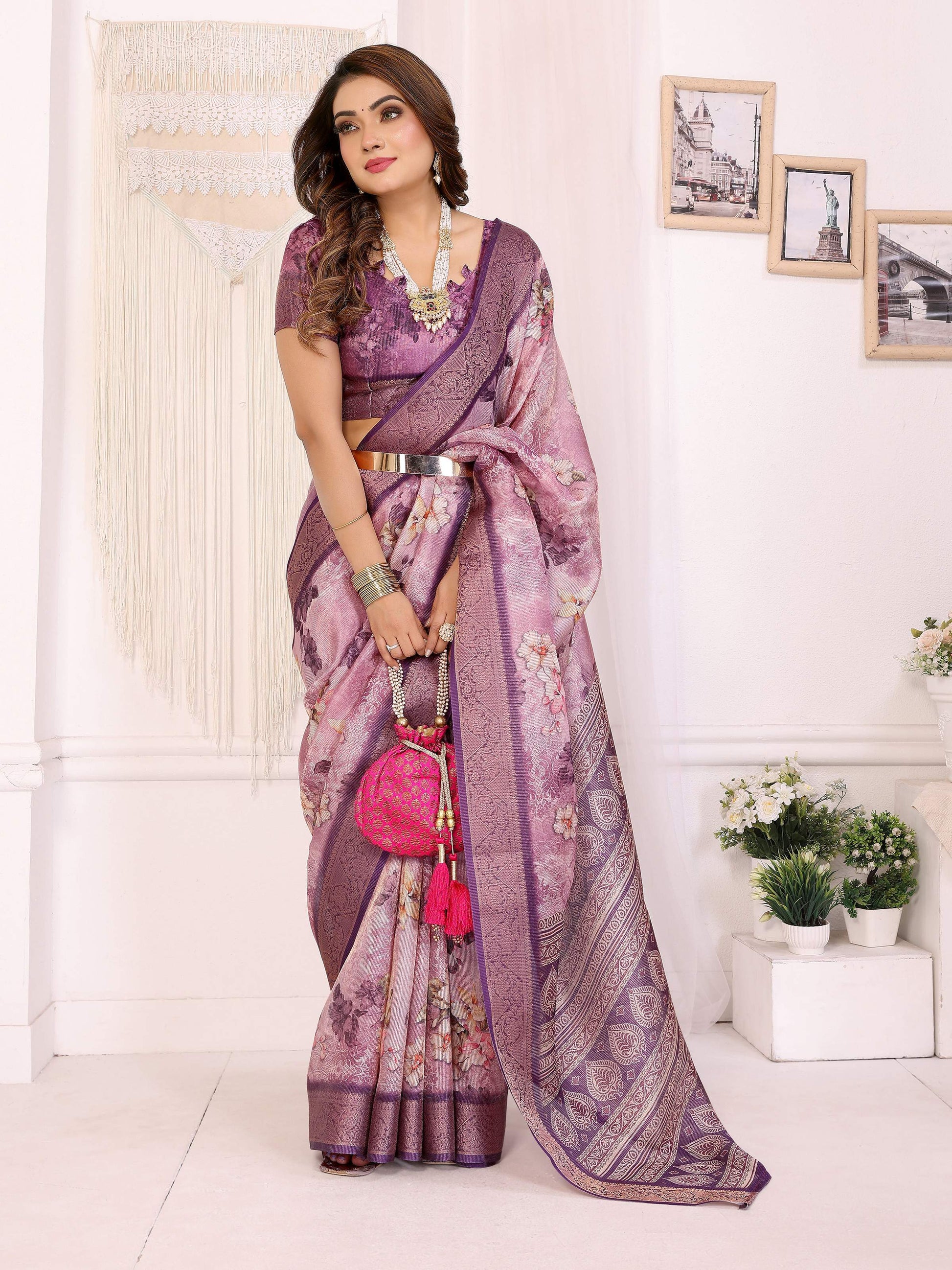 Sonakshi Women's Jamli Mulberry Silk With Digital Prints Saree with Blouse