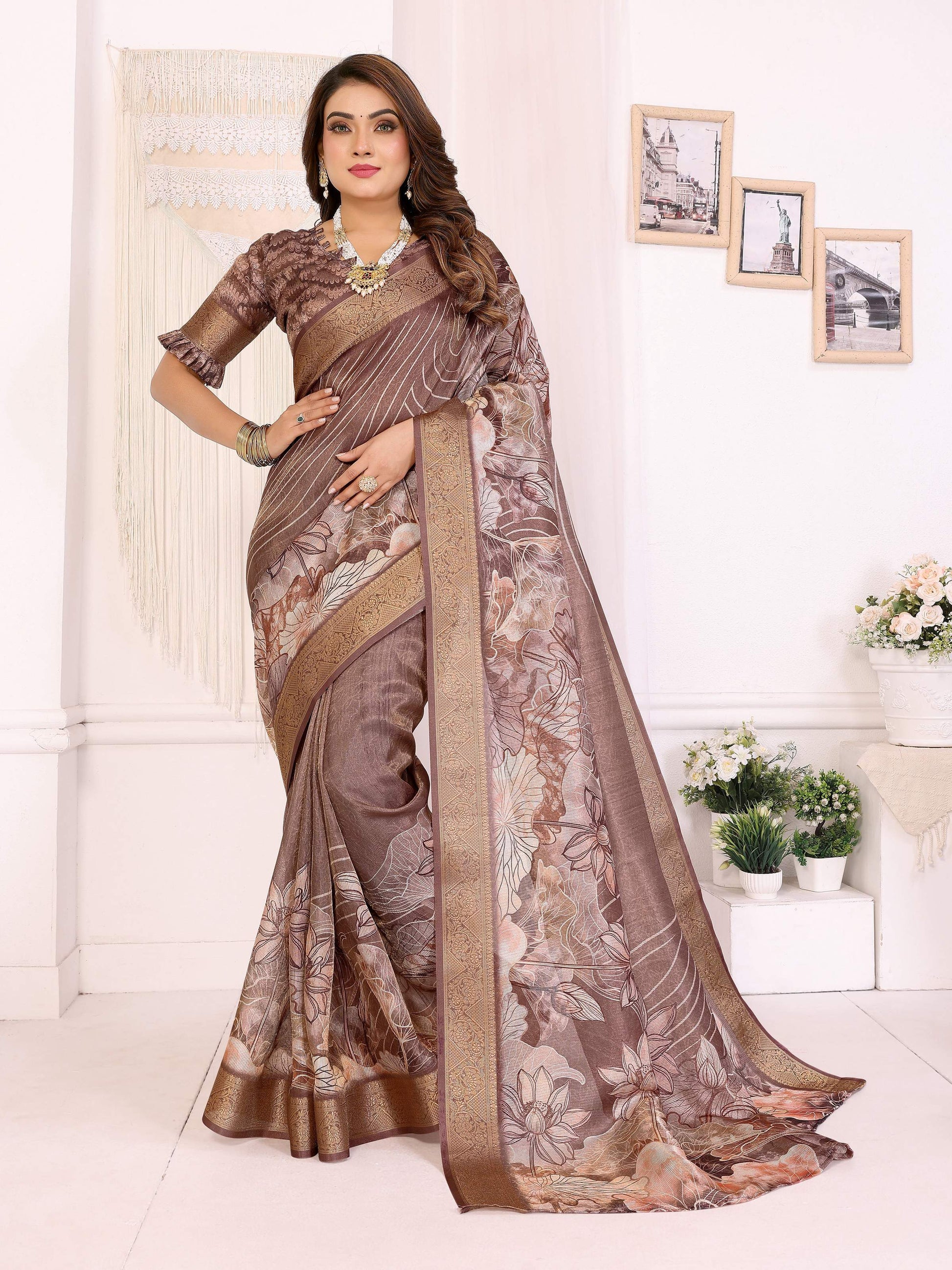 Sonakshi Women's Coffee Mulberry Silk With Digital Prints Saree with Blouse