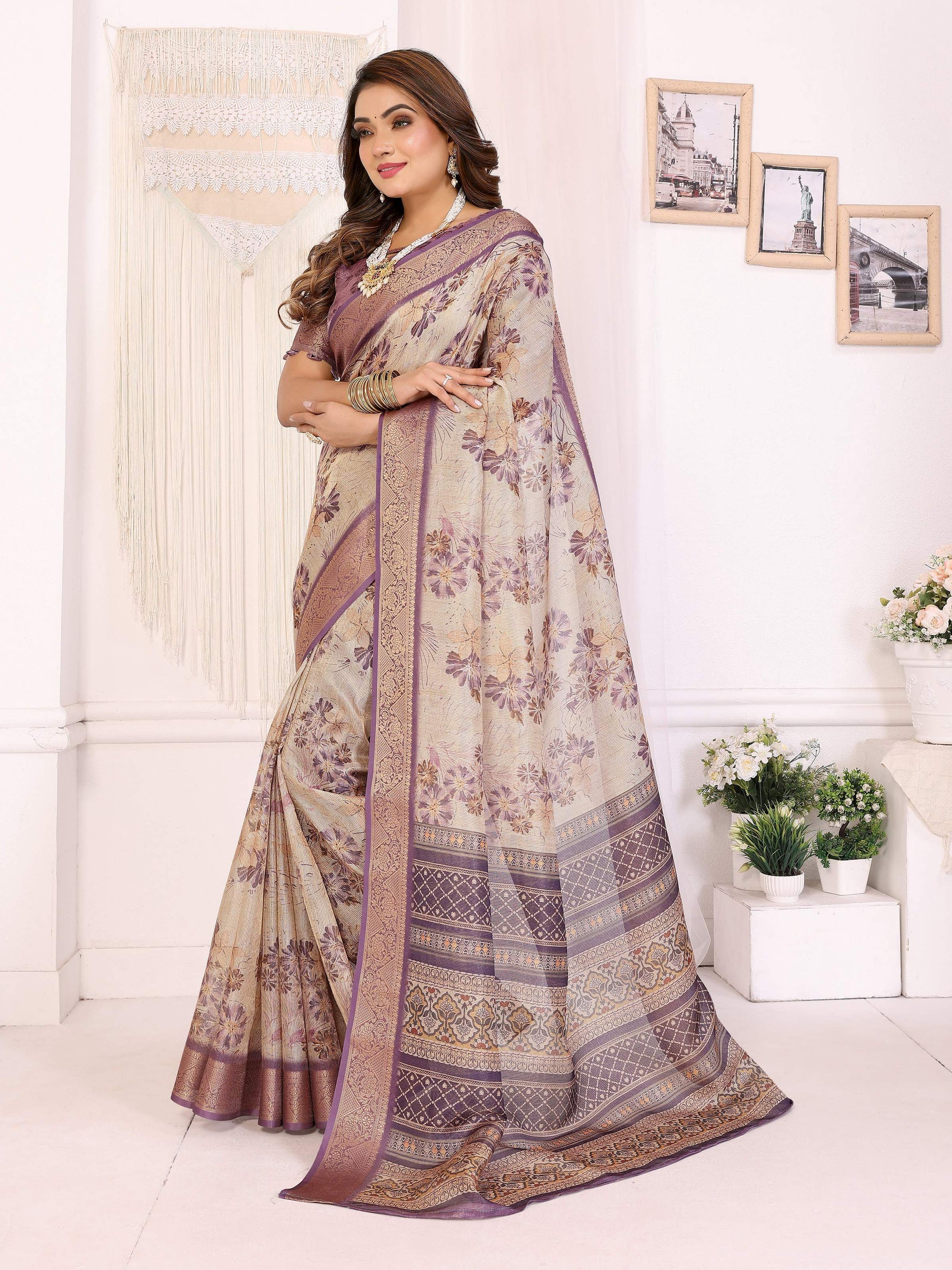 Sonakshi Women's Purple Mulberry Silk With Digital Prints Saree with Blouse