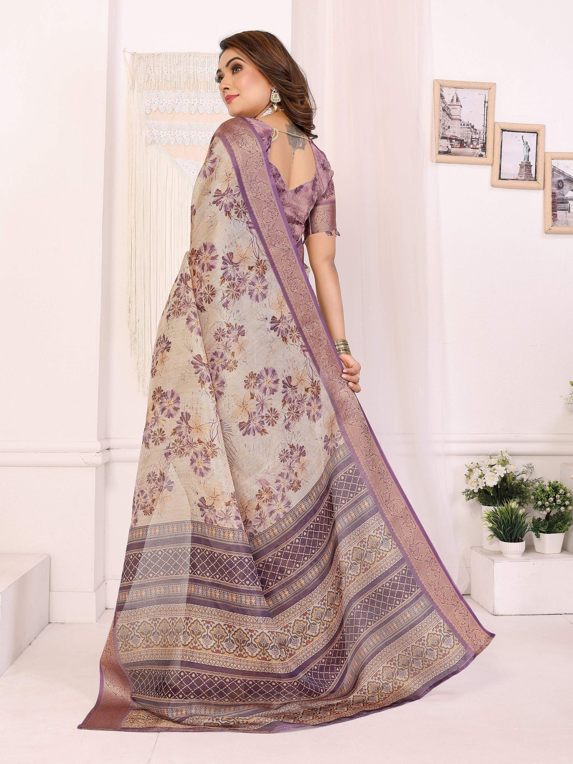 Sonakshi Women's Purple Mulberry Silk With Digital Prints Saree with Blouse
