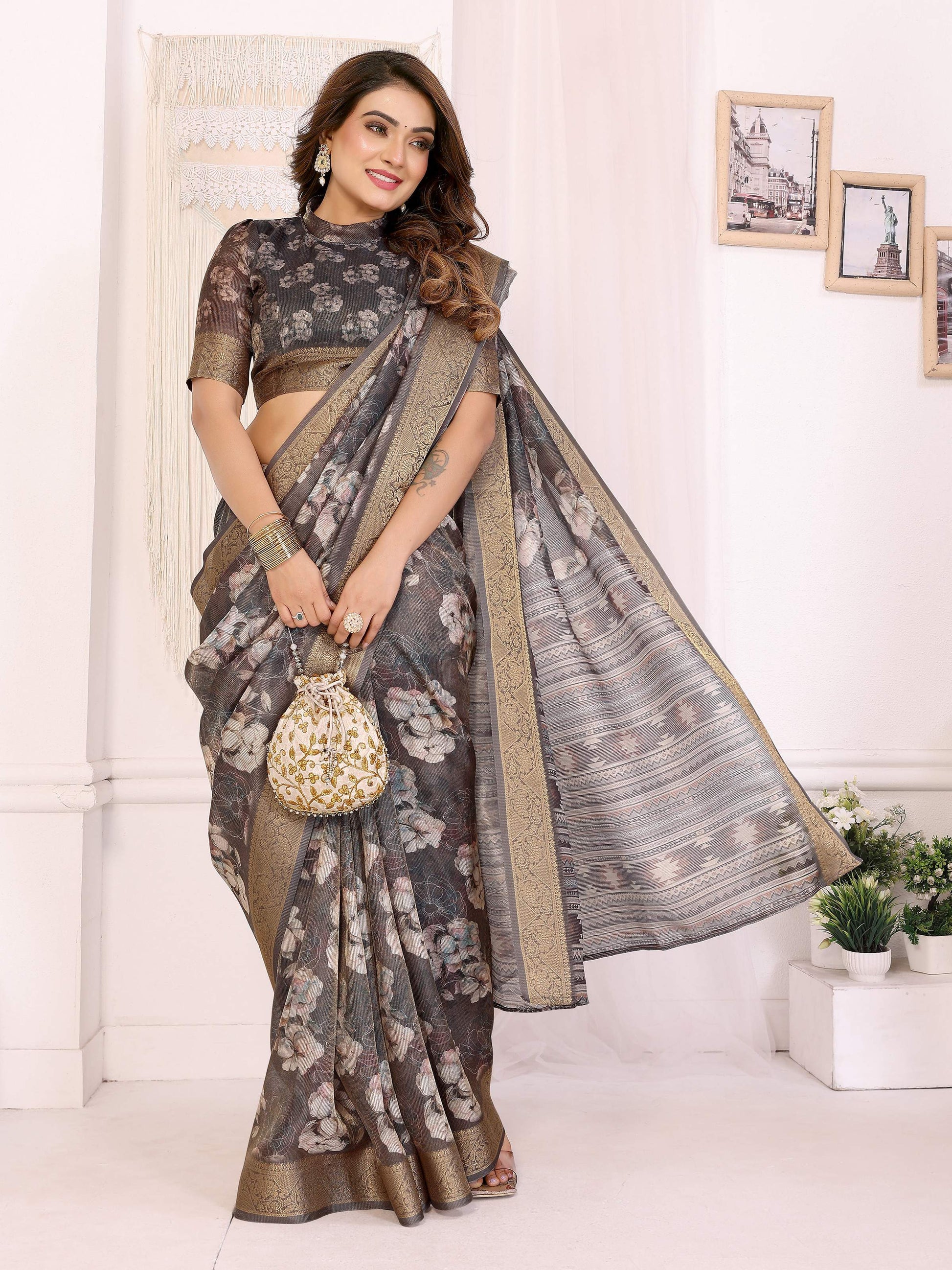 Sonakshi Women's Grey Mulberry Silk With Digital Prints Saree with Blouse