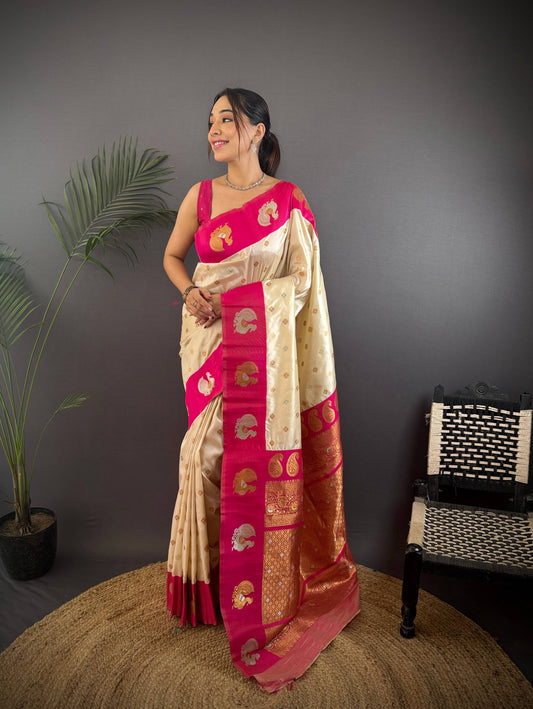 Sonakshi Women's White Banarasi Silk Zari Weaving Saree with Blouse | Swadesiicart