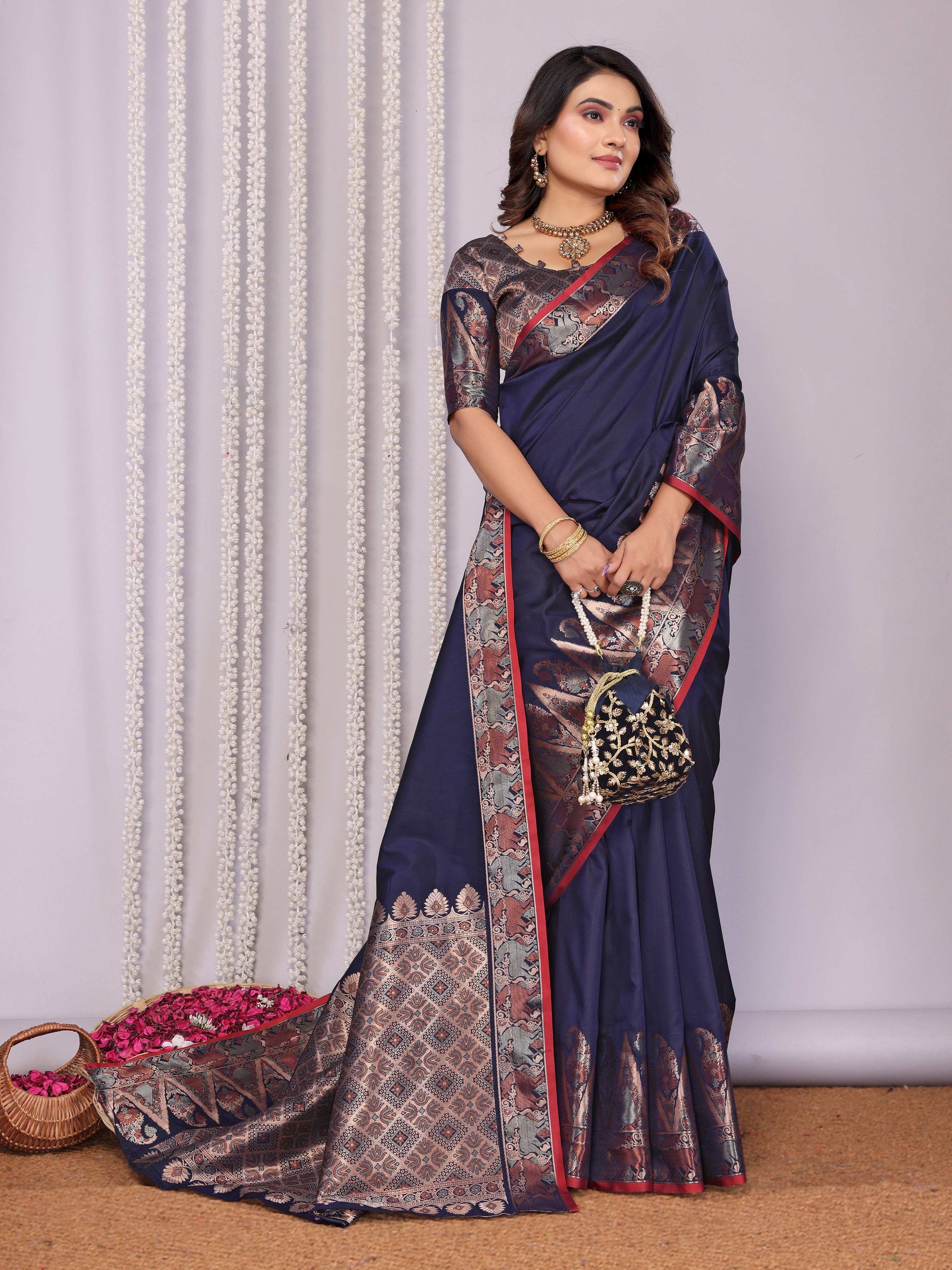 Sonakshi Women's Navy Blue Soft Silk Zari Weaving Saree with Blouse
