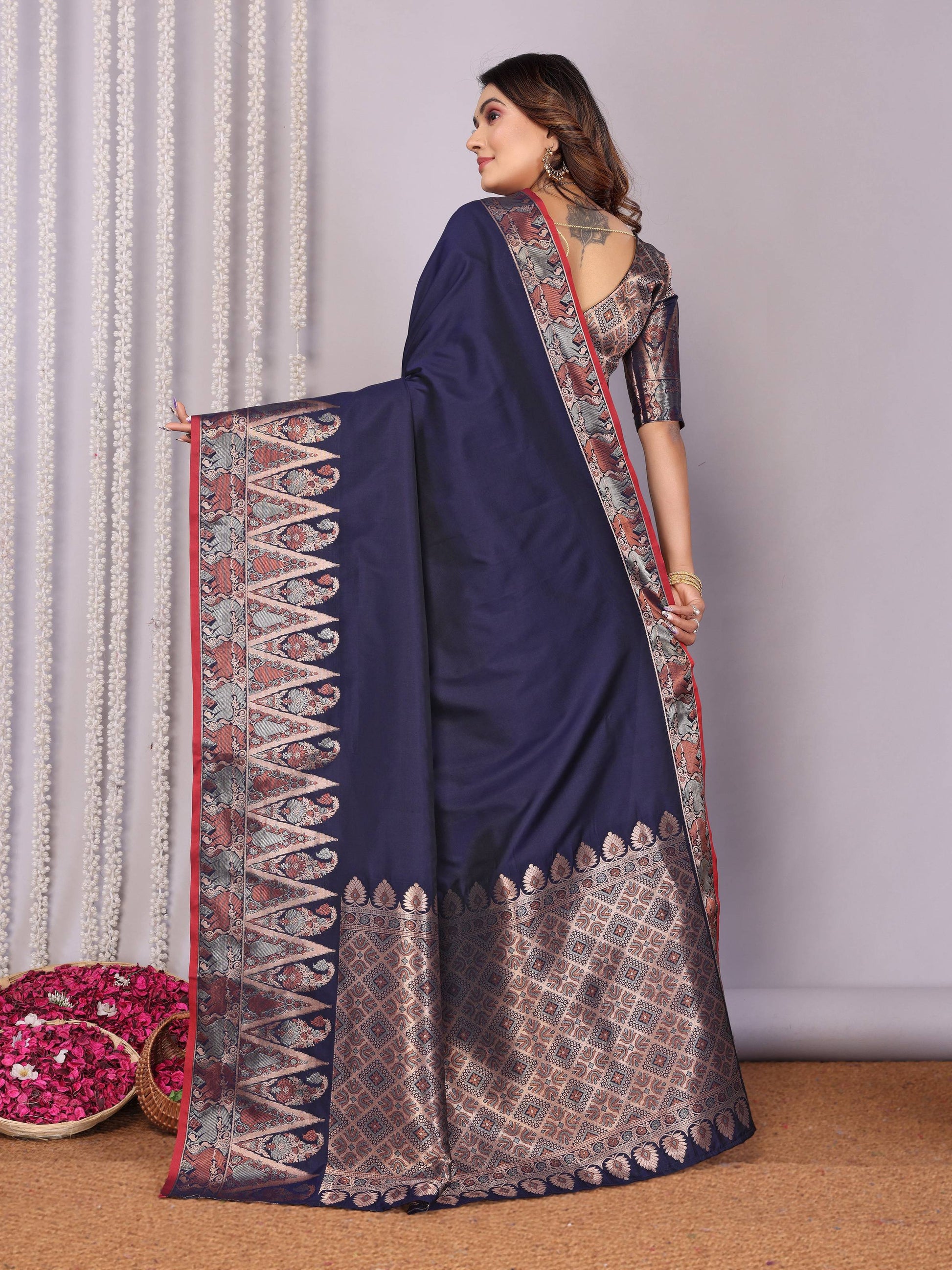 Sonakshi Women's Navy Blue Soft Silk Zari Weaving Saree with Blouse