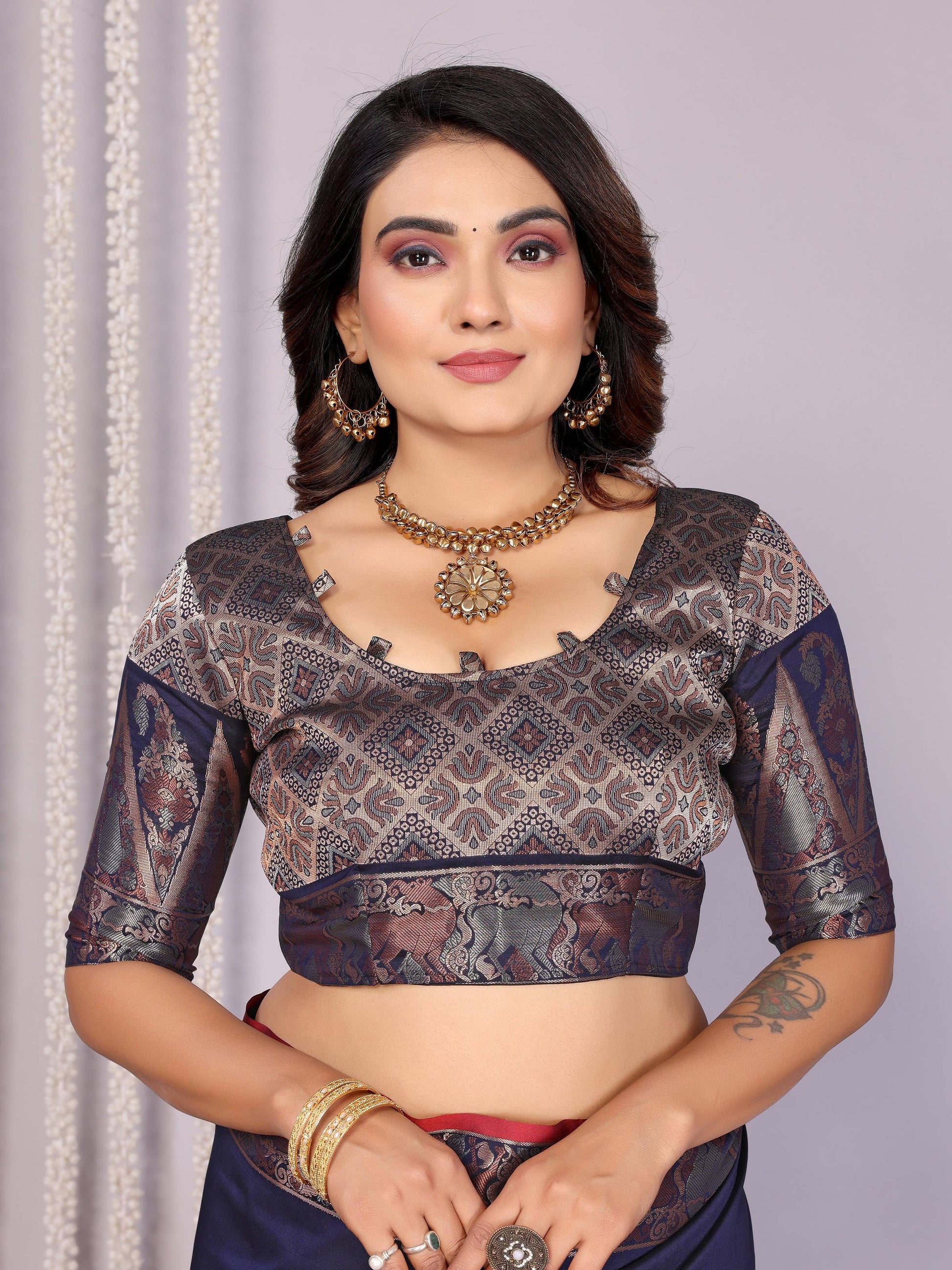 Sonakshi Women's Navy Blue Soft Silk Zari Weaving Saree with Blouse