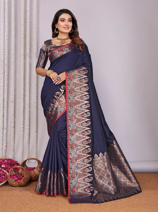 Sonakshi Women's Navy Blue Soft Silk Zari Weaving Saree with Blouse