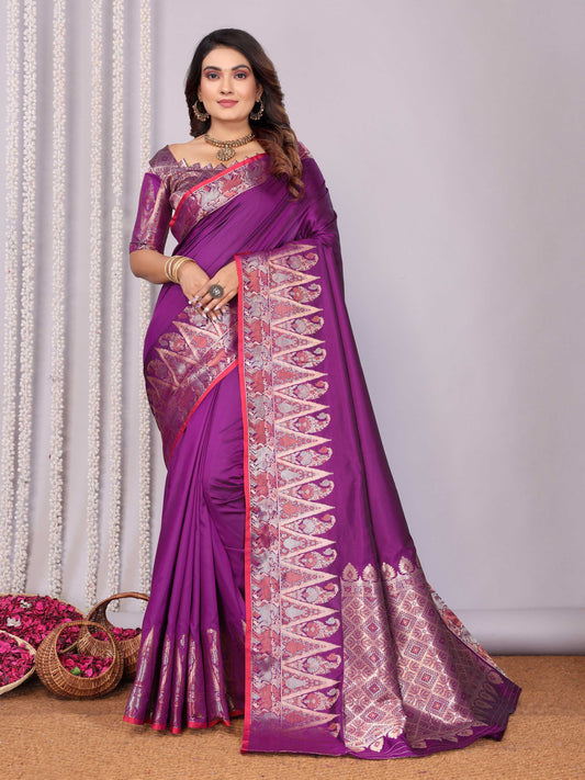 Sonakshi Women's Lavender Soft Silk Zari Weaving Saree with Blouse
