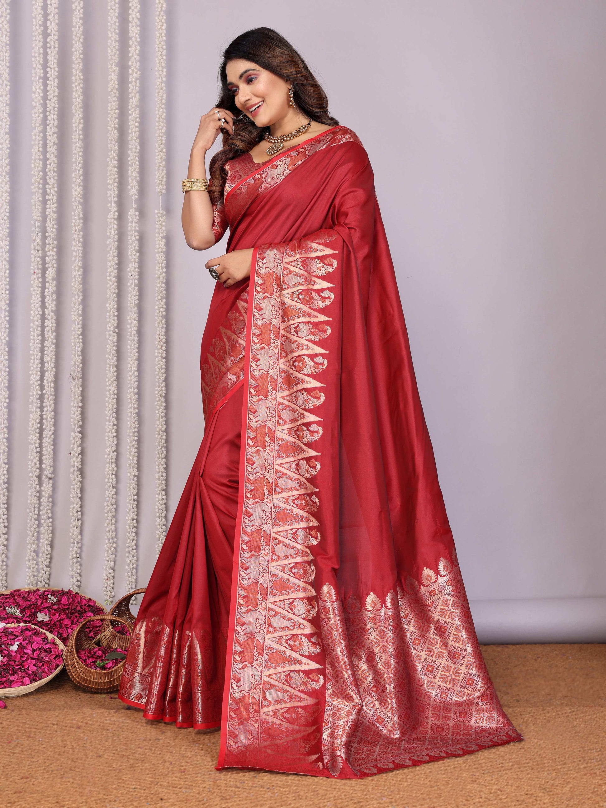Sonakshi Women's Maroon Soft Silk Zari Weaving Saree with Blouse