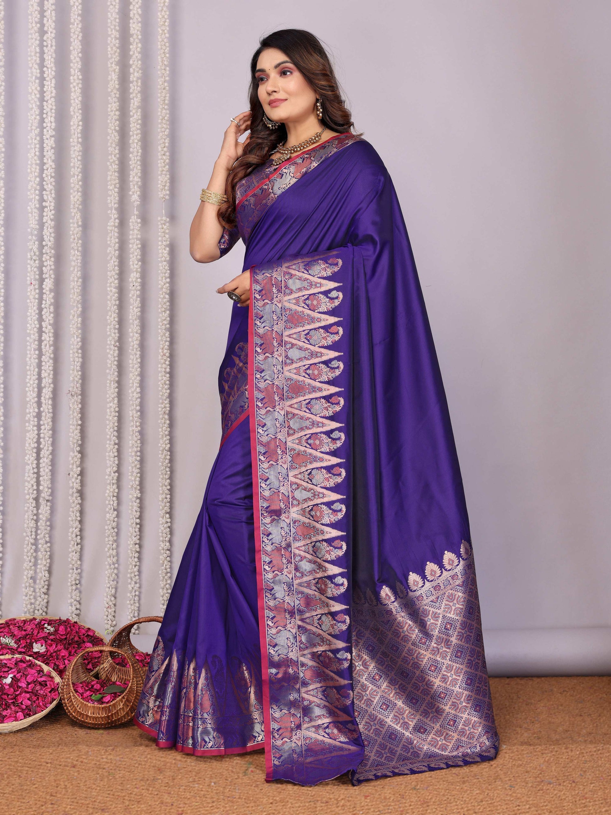 Sonakshi Women's Royal Blue Soft Silk Zari Weaving Saree with Blouse