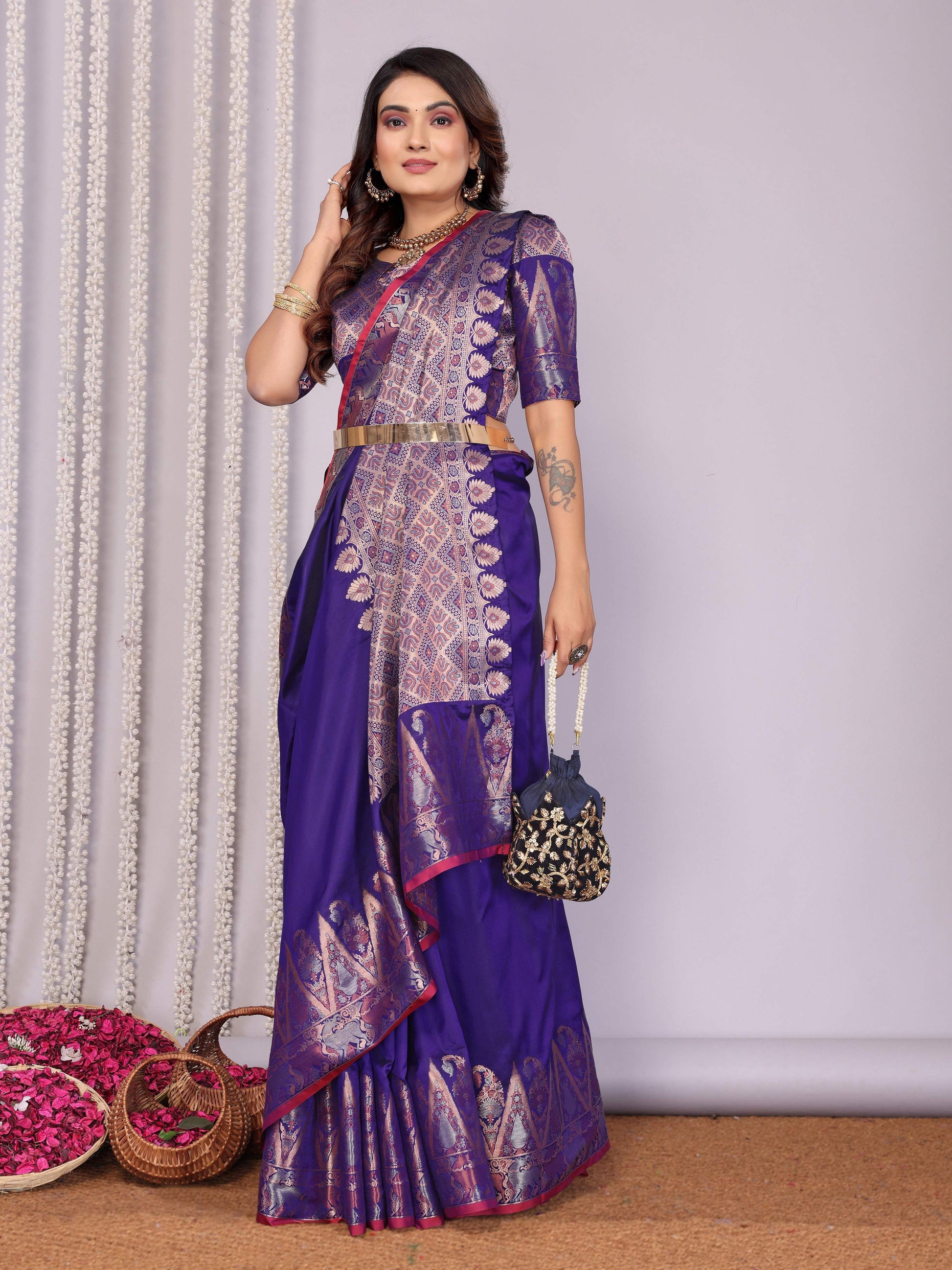Sonakshi Women's Royal Blue Soft Silk Zari Weaving Saree with Blouse