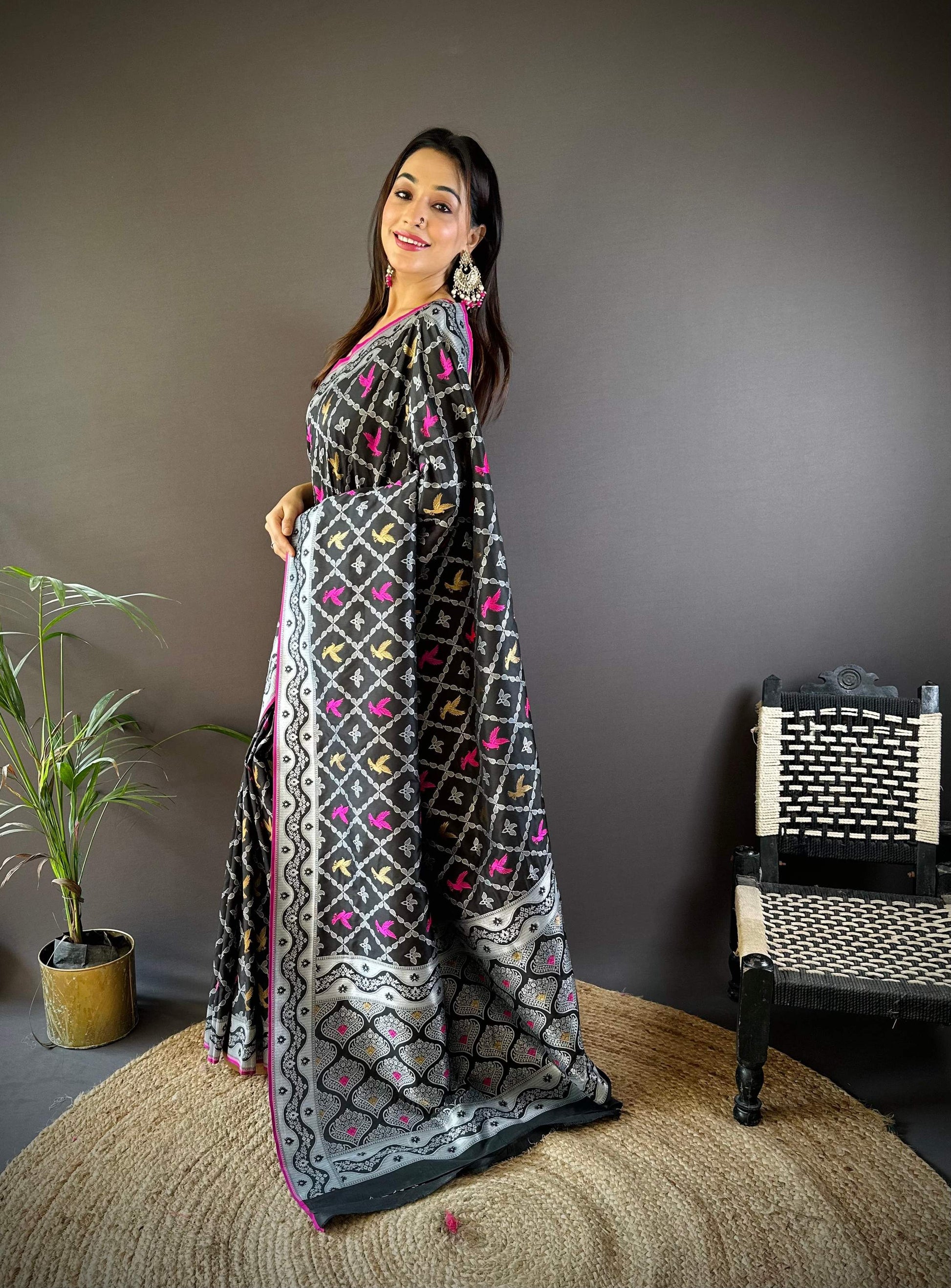 Sonakshi Women's Black Lichi Soft Silk Zari Weaving Saree with Blouse