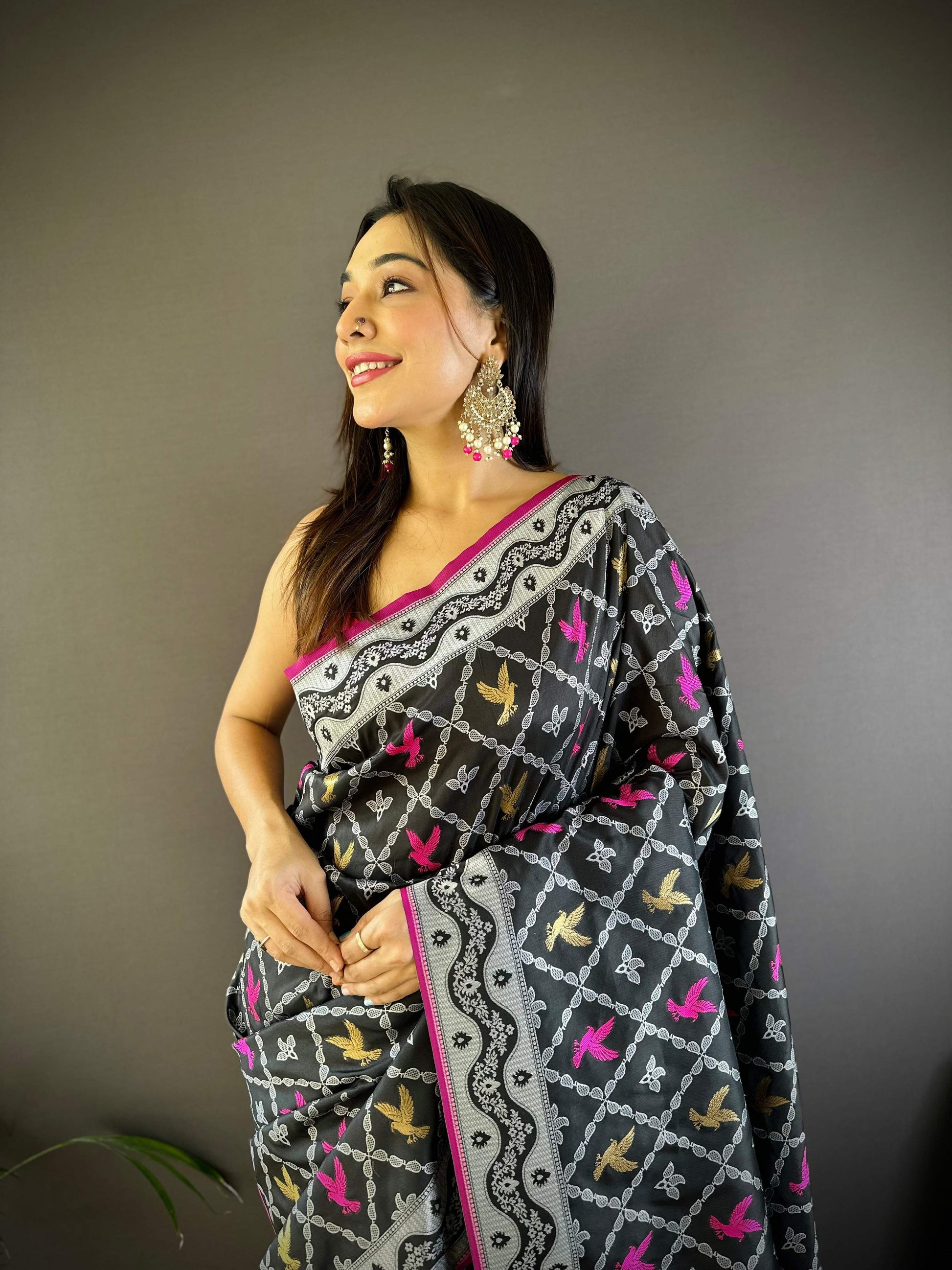Sonakshi Women's Black Lichi Soft Silk Zari Weaving Saree with Blouse