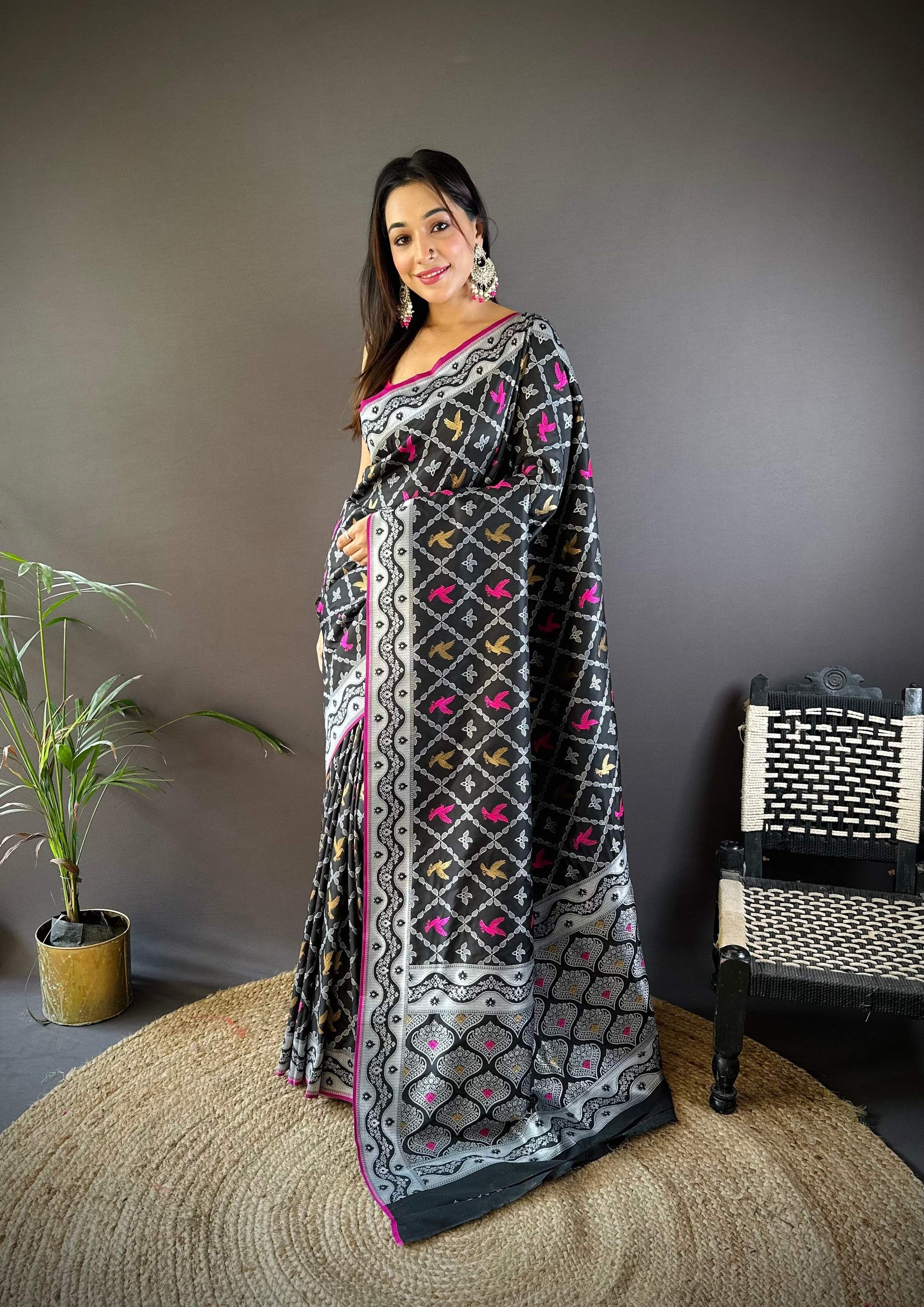 Sonakshi Women's Black Lichi Soft Silk Zari Weaving Saree with Blouse