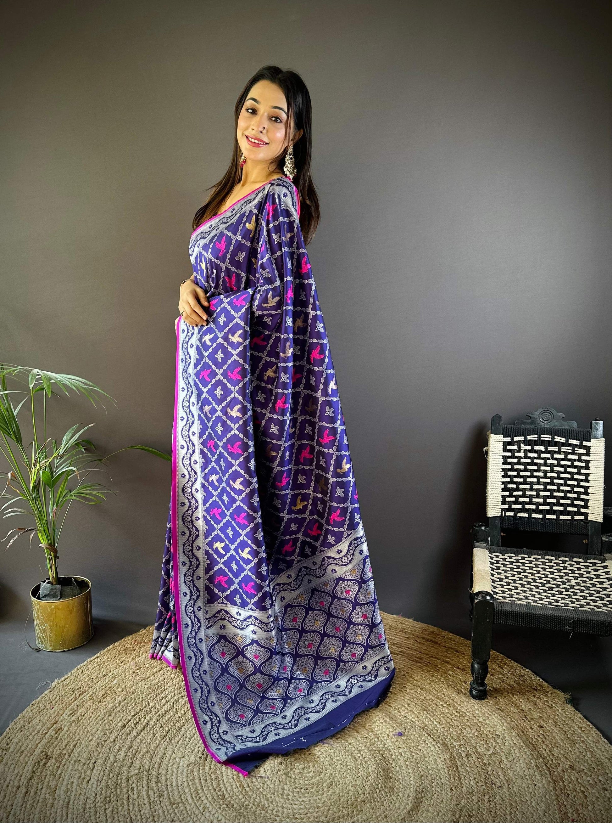 Sonakshi Women's Blue Lichi Soft Silk Zari Weaving Saree with Blouse