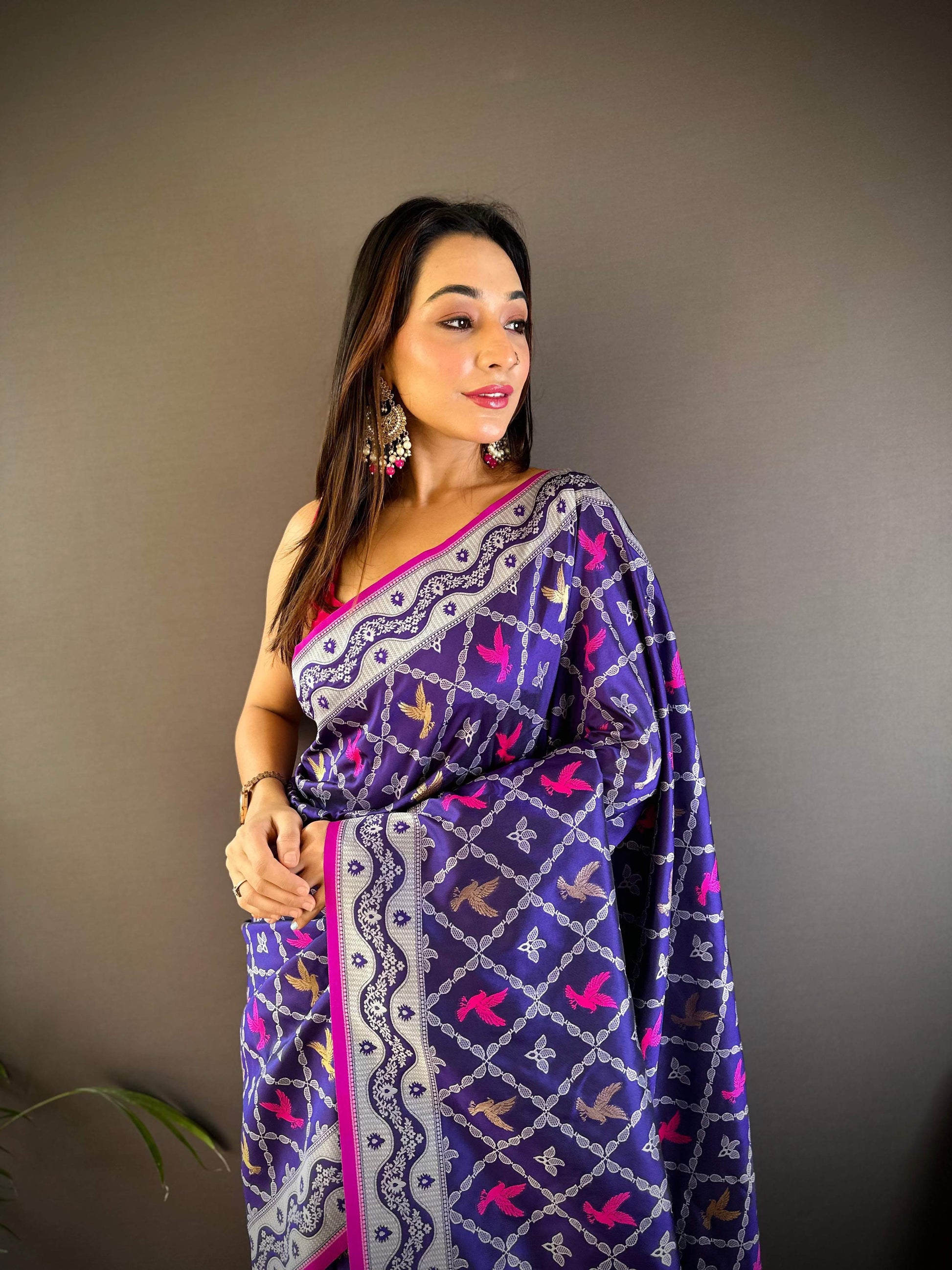 Sonakshi Women's Blue Lichi Soft Silk Zari Weaving Saree with Blouse