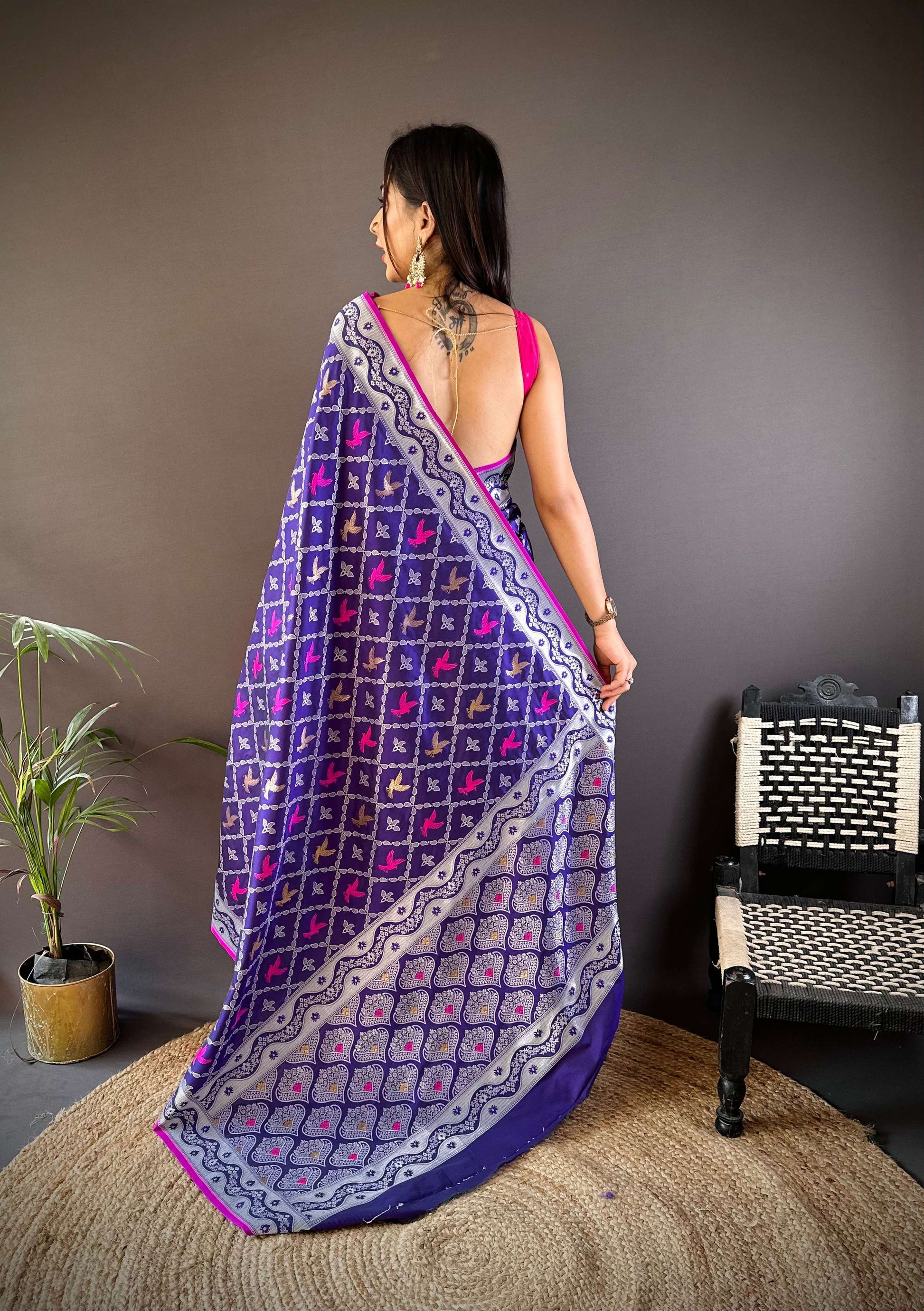 Sonakshi Women's Blue Lichi Soft Silk Zari Weaving Saree with Blouse
