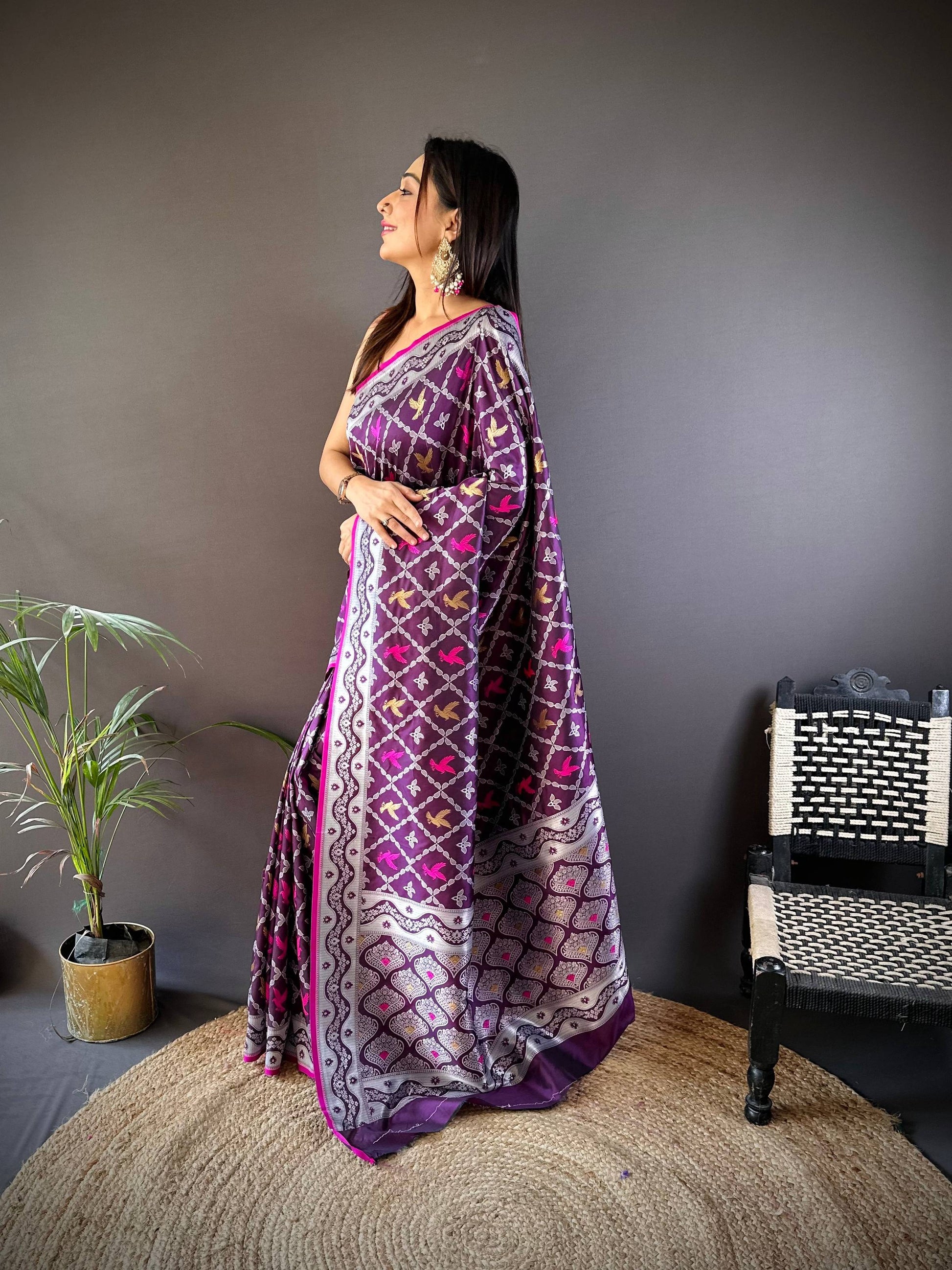 Sonakshi Women's Wine Lichi Soft Silk Zari Weaving Saree with Blouse