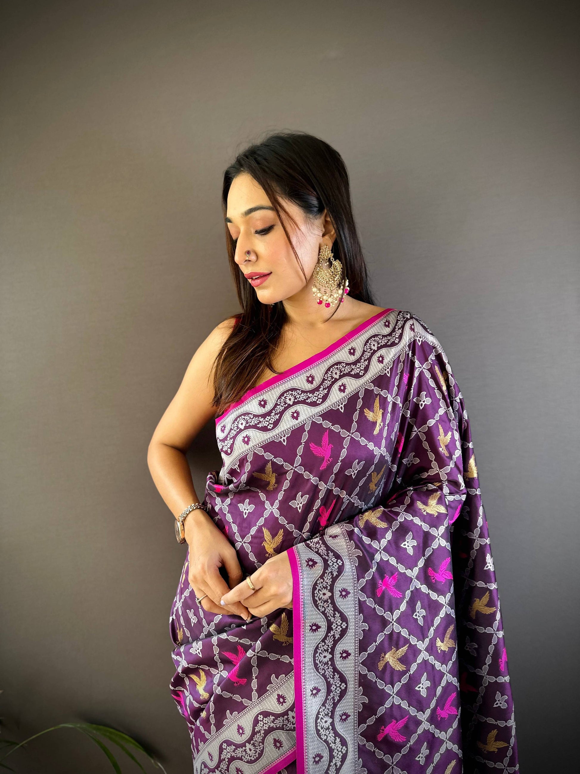 Sonakshi Women's Wine Lichi Soft Silk Zari Weaving Saree with Blouse