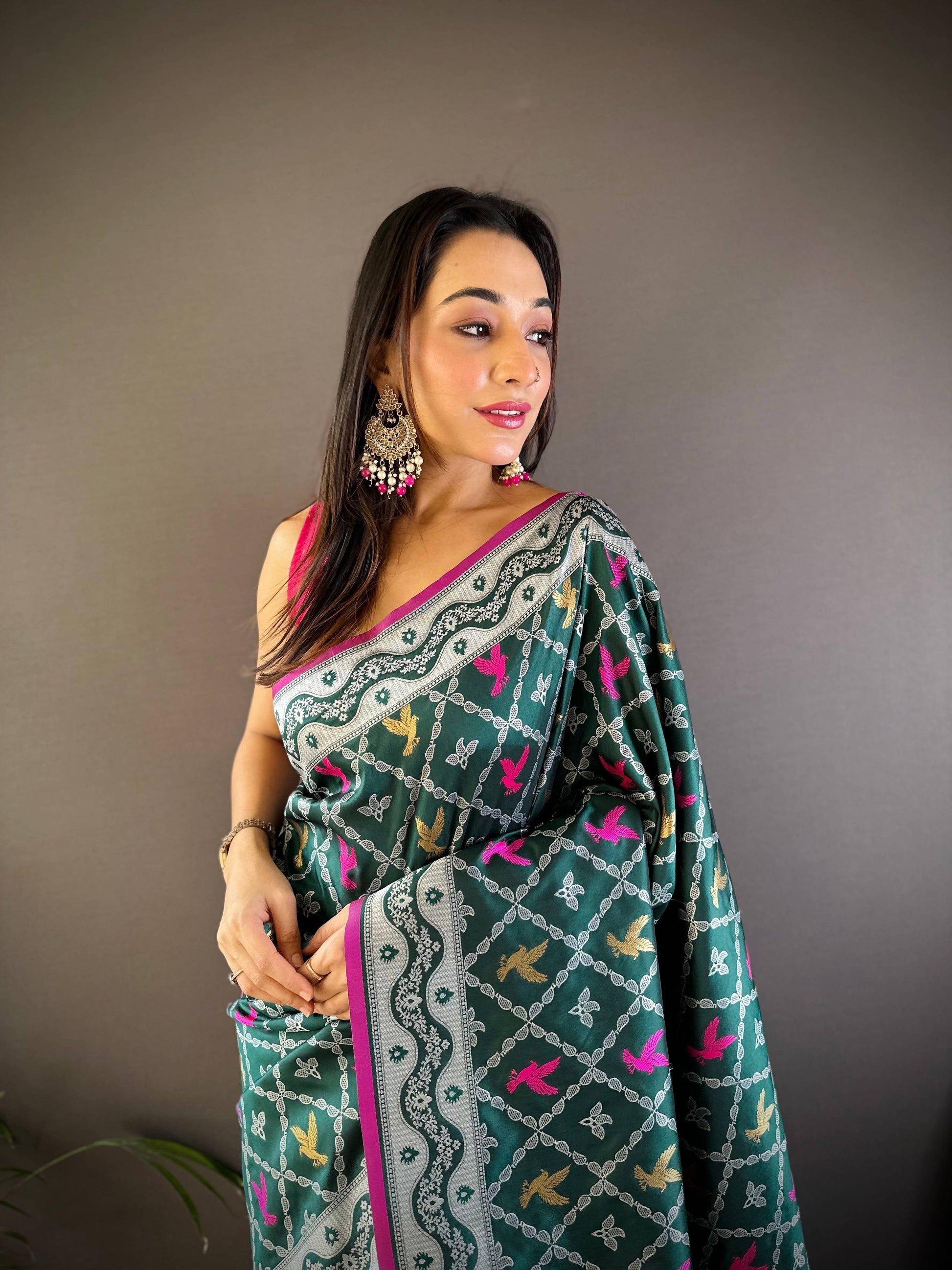 Sonakshi Women's Green Lichi Soft Silk Zari Weaving Saree with Blouse