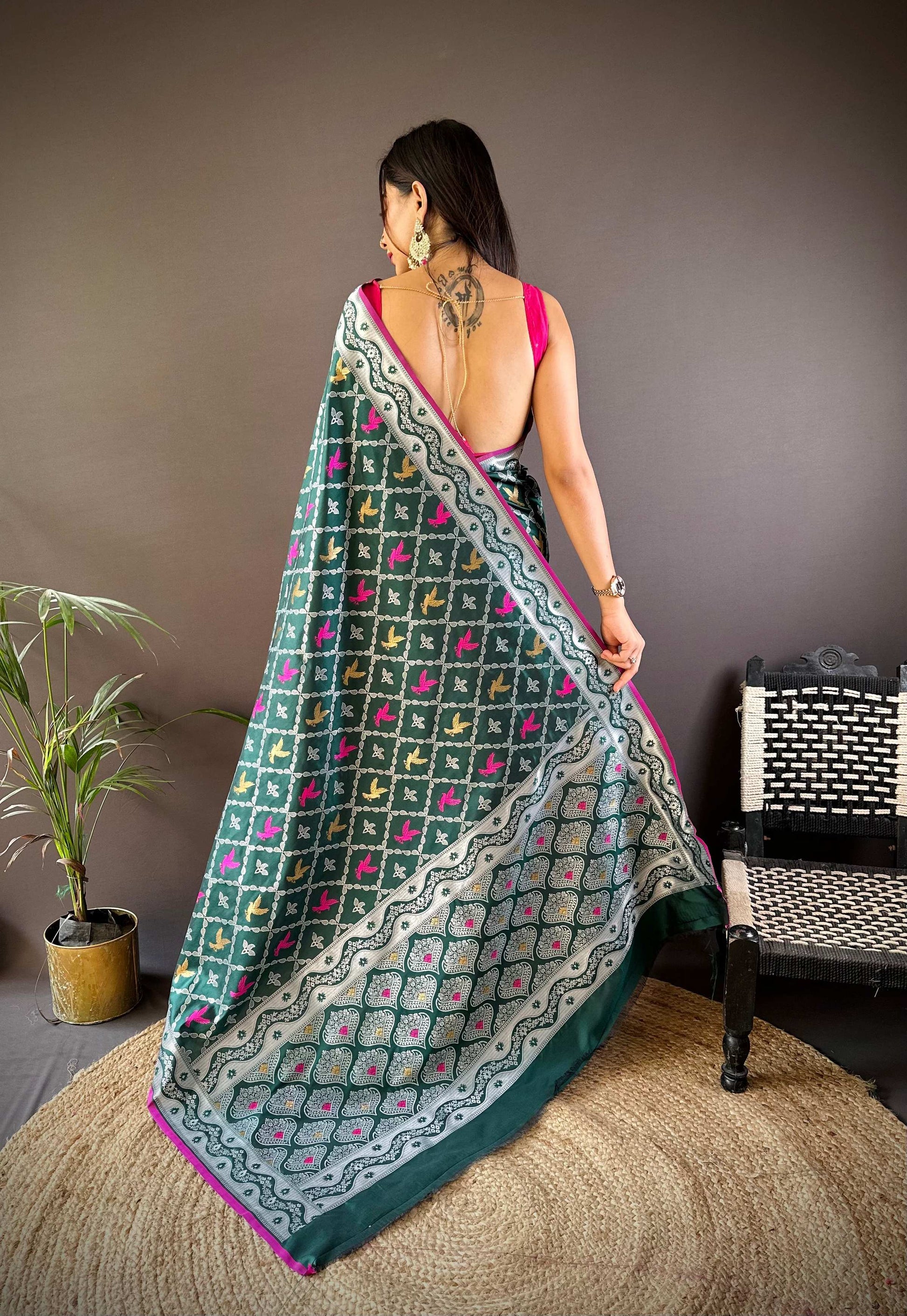 Sonakshi Women's Green Lichi Soft Silk Zari Weaving Saree with Blouse