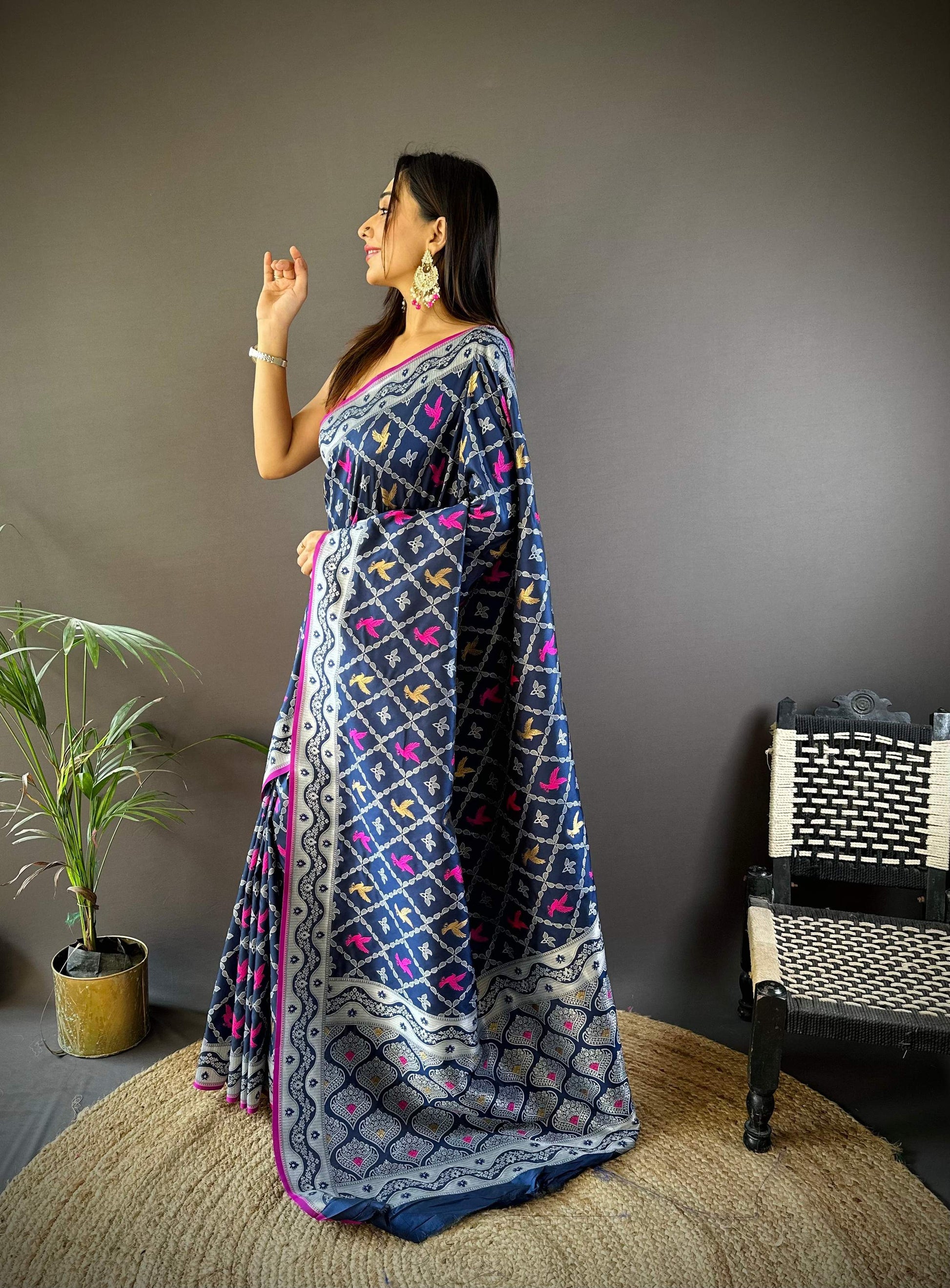 Sonakshi Women's Navy Blue Lichi Soft Silk Zari Weaving Saree with Blouse