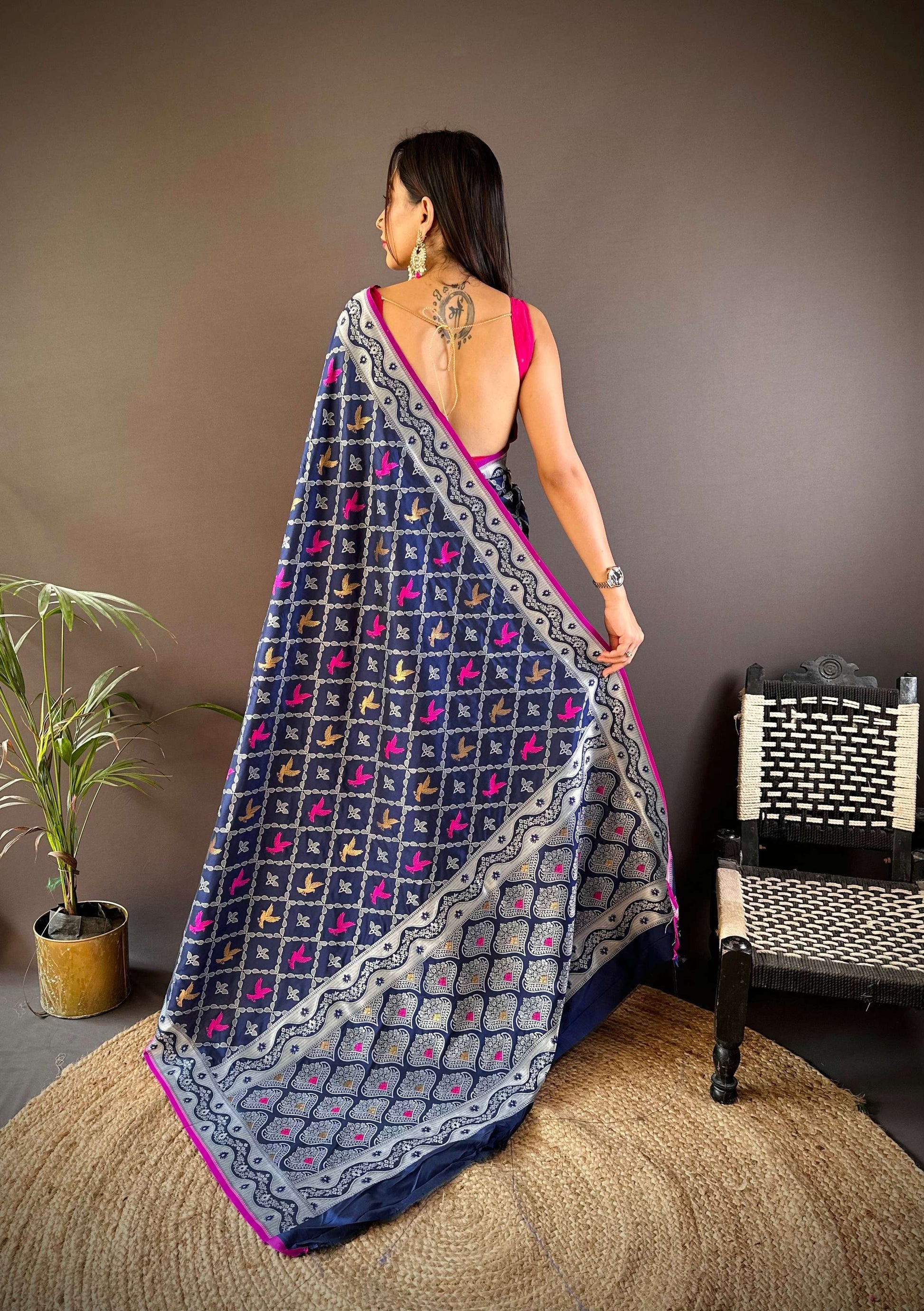 Sonakshi Women's Navy Blue Lichi Soft Silk Zari Weaving Saree with Blouse