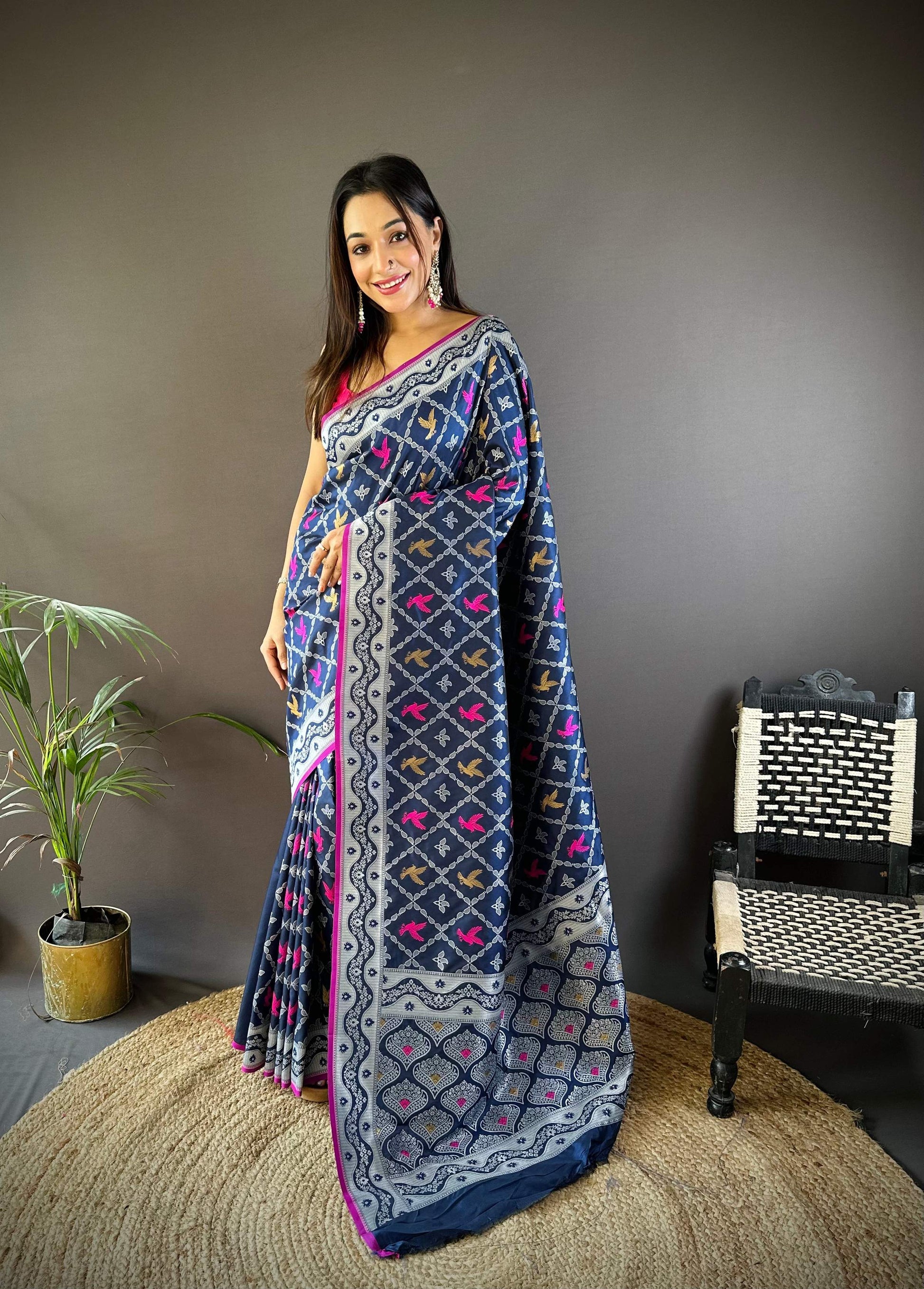 Sonakshi Women's Navy Blue Lichi Soft Silk Zari Weaving Saree with Blouse