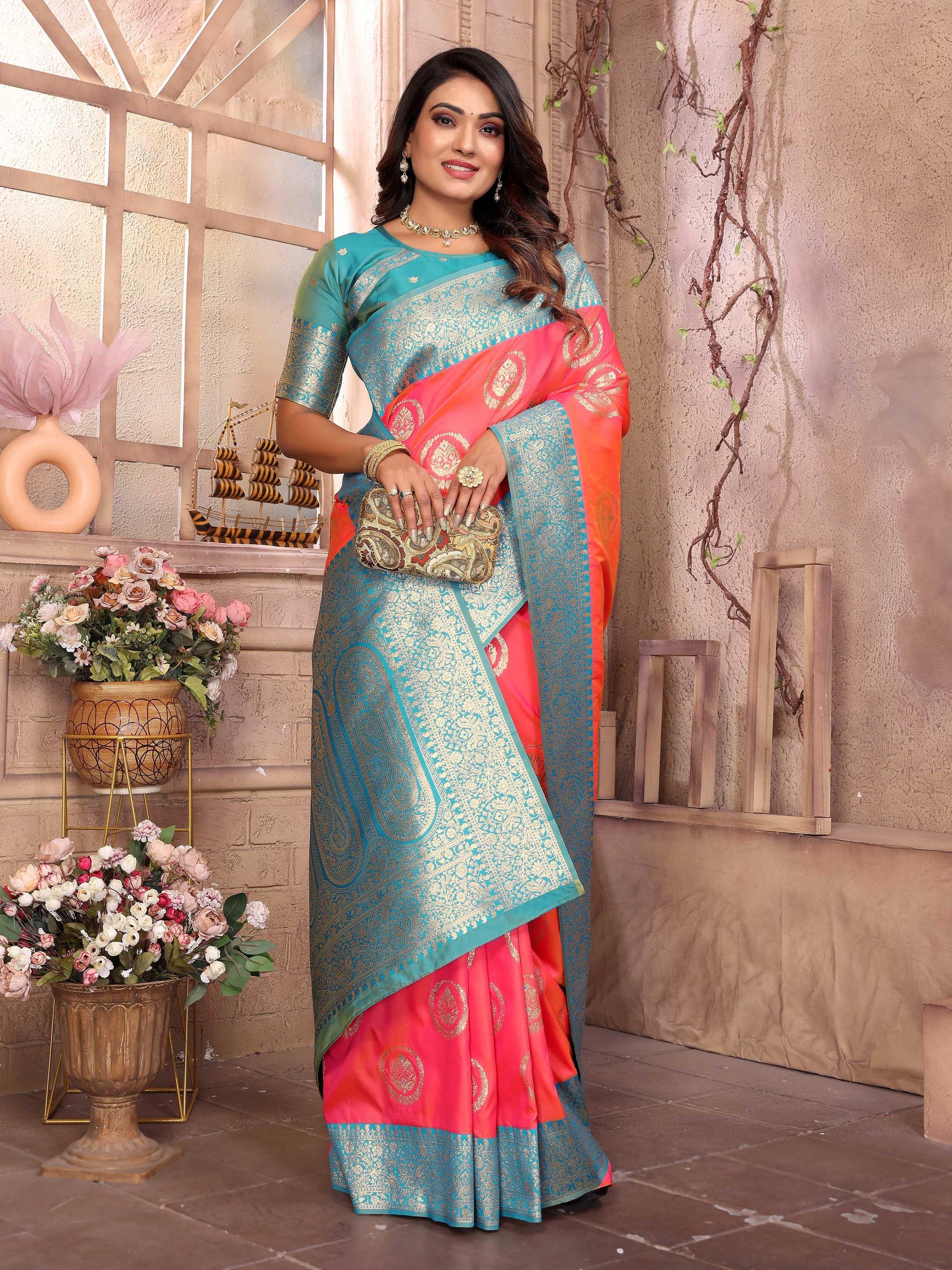 Sonakshi Women's Peach Banarasi Silk Zari Weaving Saree with Blouse | Swadesiicart